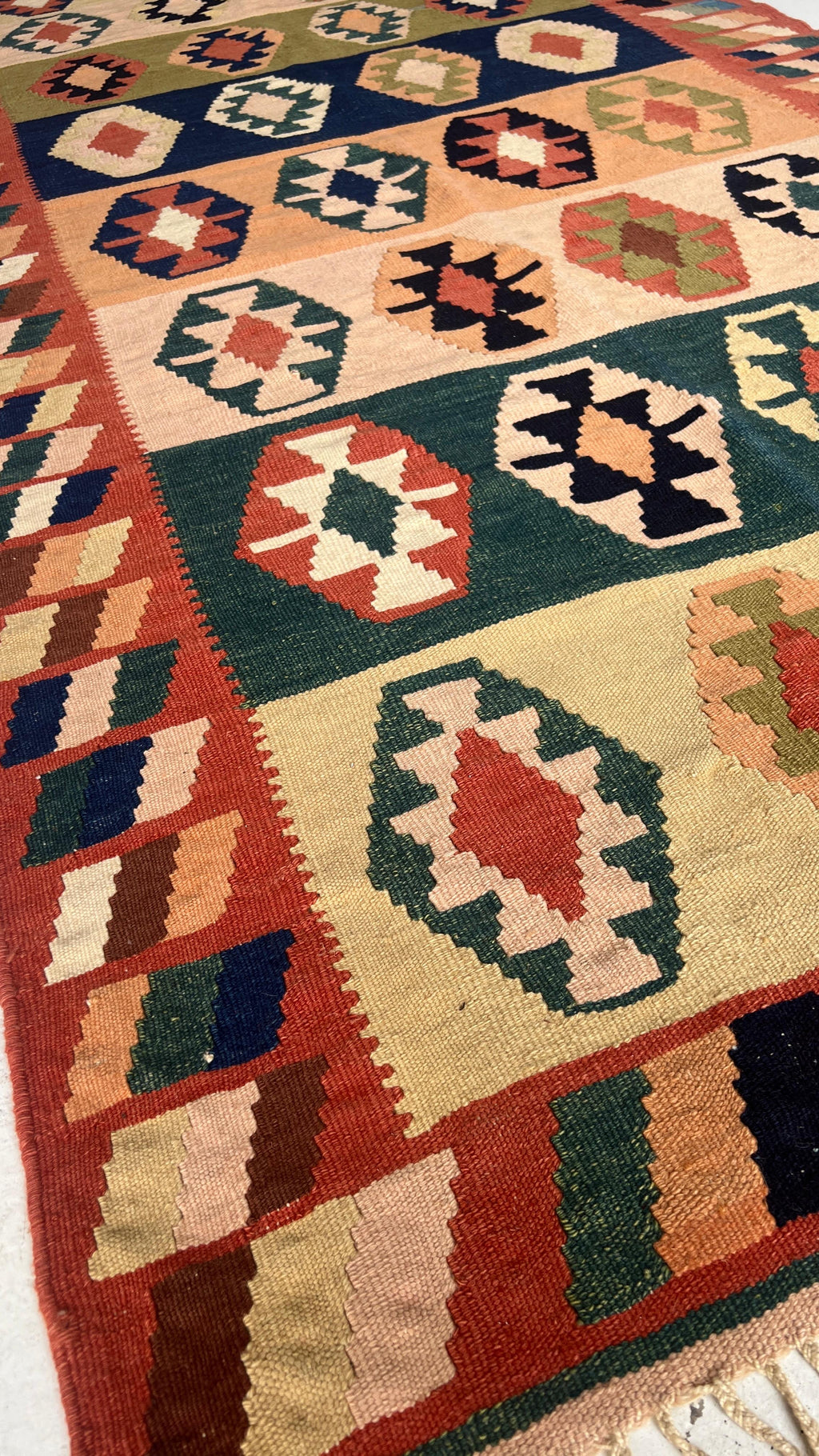 Handwoven Anatolian Kilim Runner – 116x243 cm – Wool Tribal Rug – Vintage Geometric Design