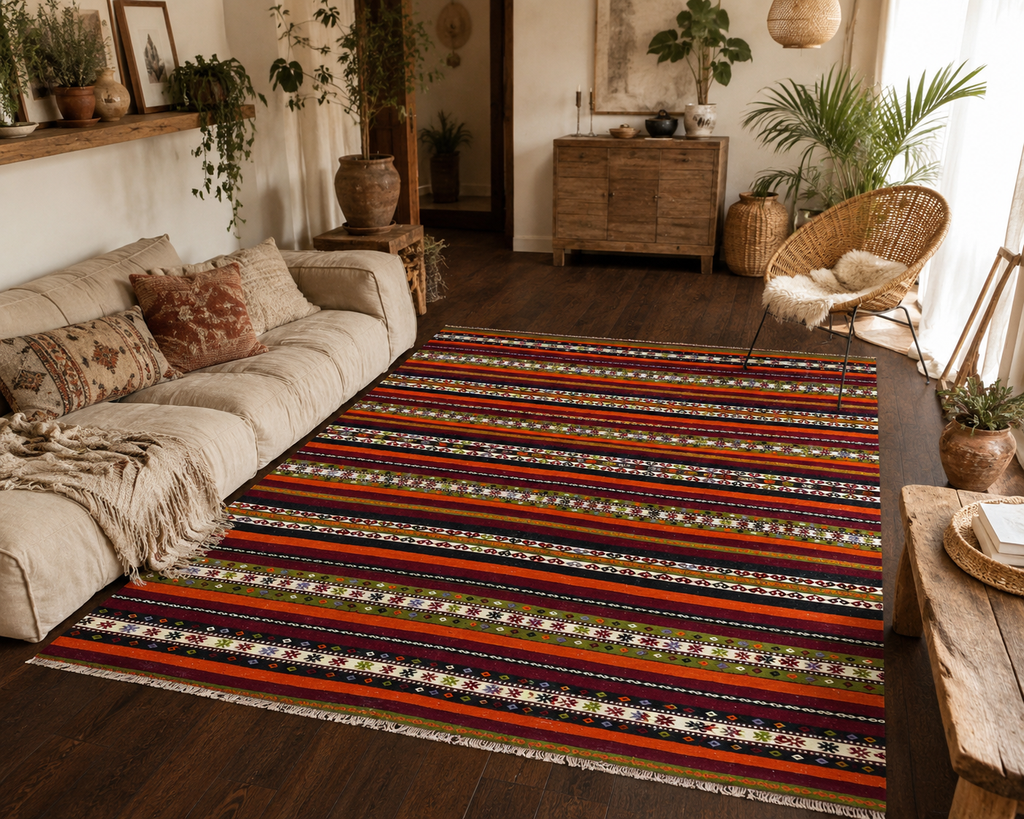 Handmade Turkish Cicim Kilim Rug – Bohemian Tribal Wool Flatweave – Vintage Anatolian Area Rug – 174x238 cm