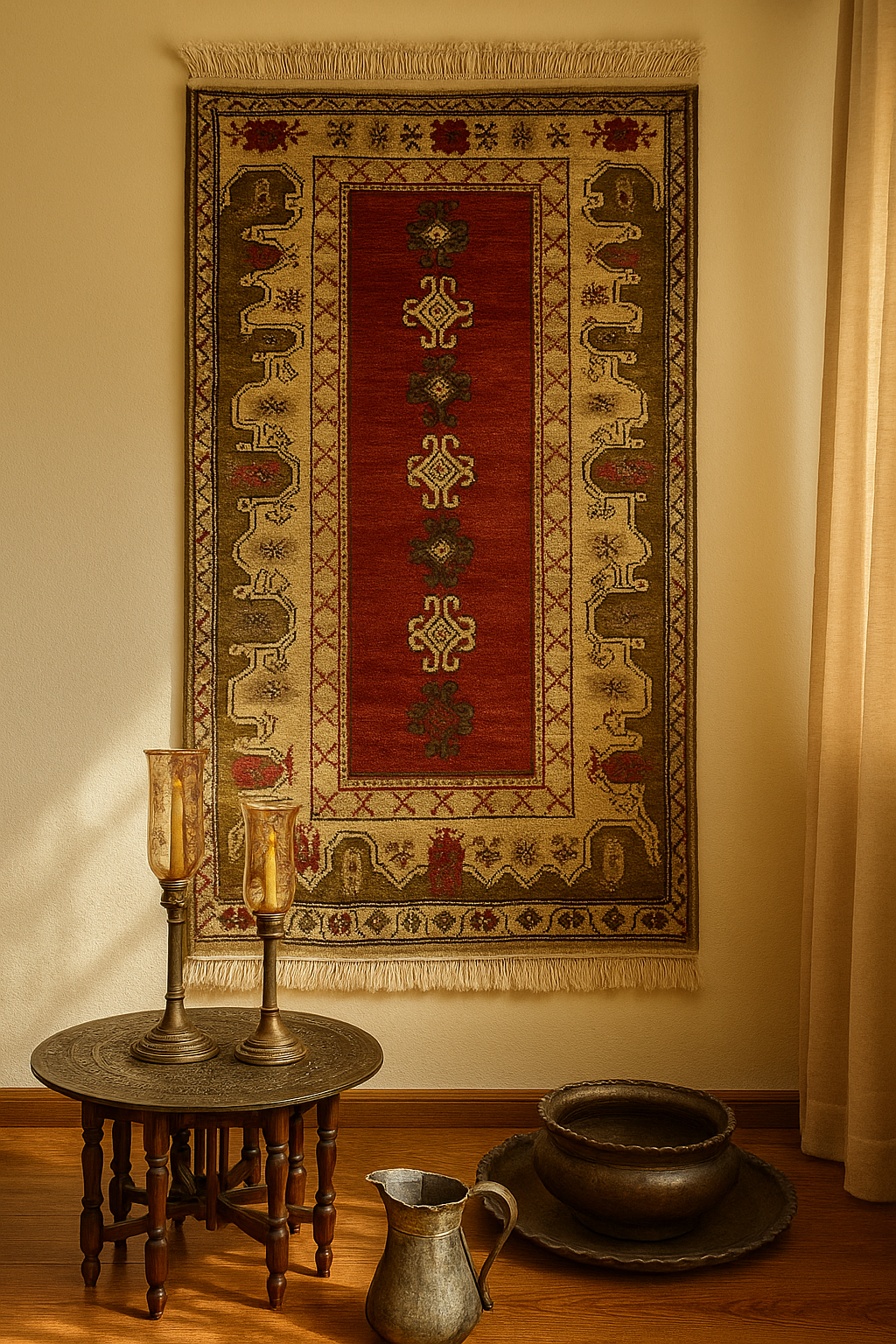 Turkish Antique Milas Wool Handwoven Rug – 130×240 cm |Red Tribal Motifs – One of a Kind