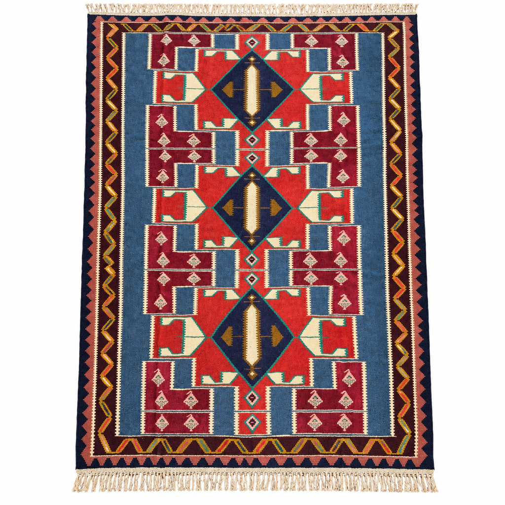 Vintage Persian Ardabil kilim in blue and red, 210 × 310 cm