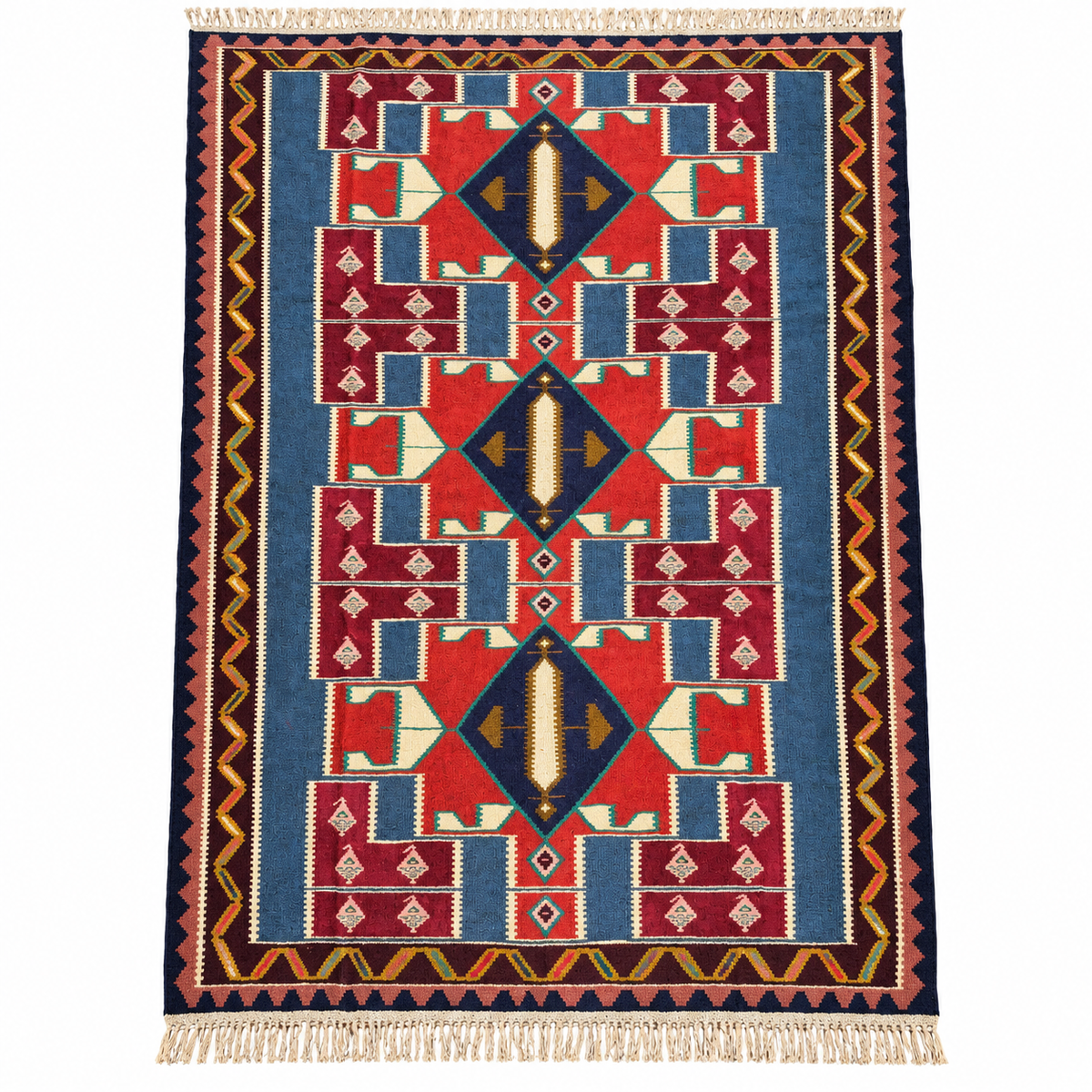 Vintage Persian Ardabil kilim in blue and red, 210 × 310 cm