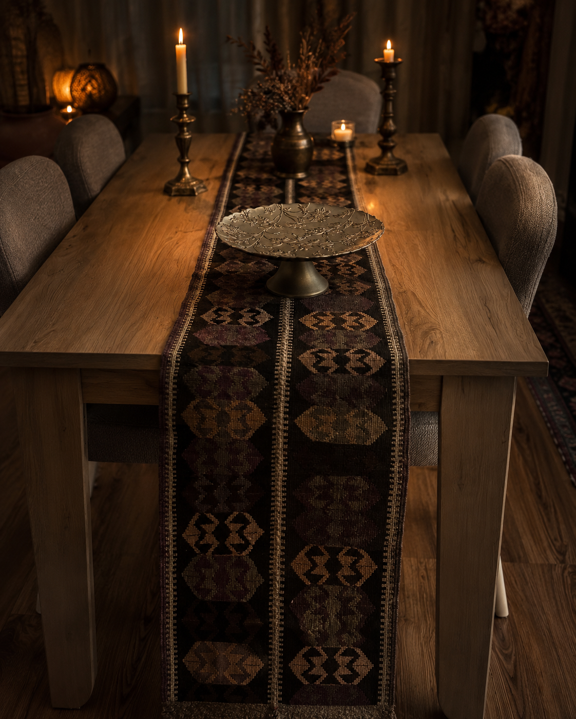37 × 320 cm Handmade Vintage Kars Kağızman Kilim Runner – Turkish Wool Table Runner