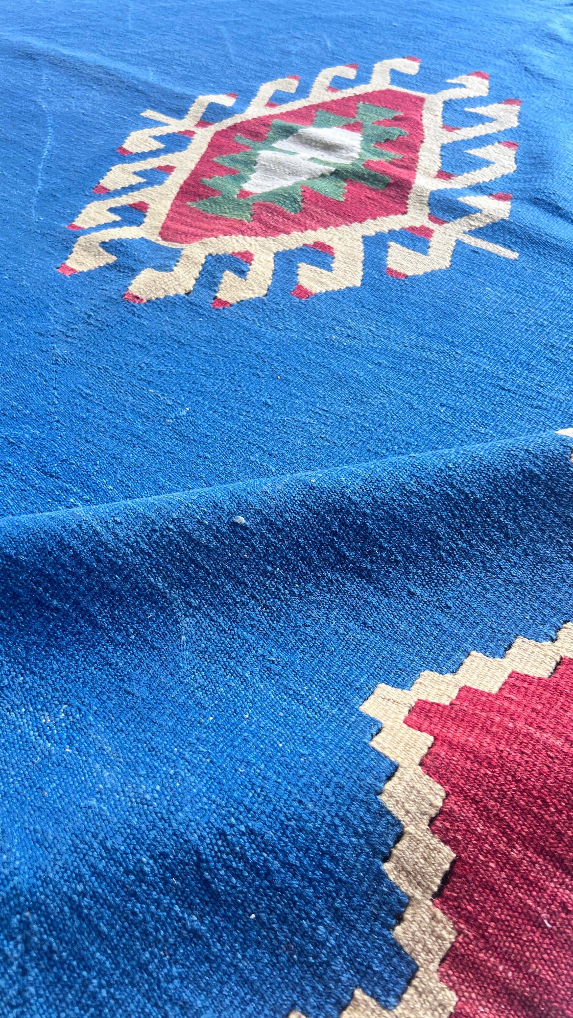 Vintage Turkish Denizli Kilim 167x232 cm – Handwoven Wool Tribal Blue Rug