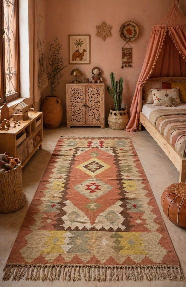 Turkish Kilim – 136 × 214 cm – Handmade Wool Kilim – Blush Pink Anatolian Rug