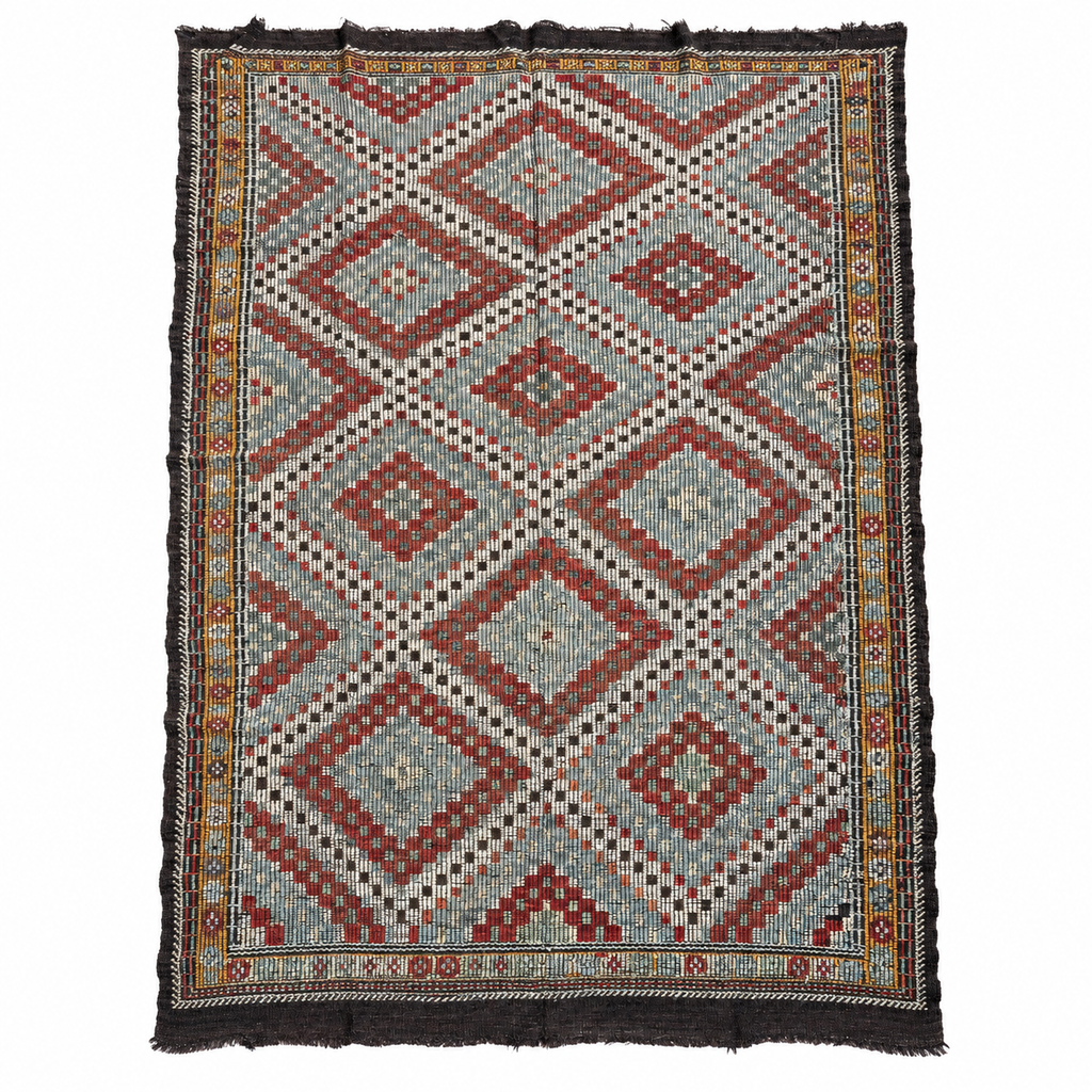 Vintage Balıkesir cicim kilim in pale blue and red, 195 × 343 cm