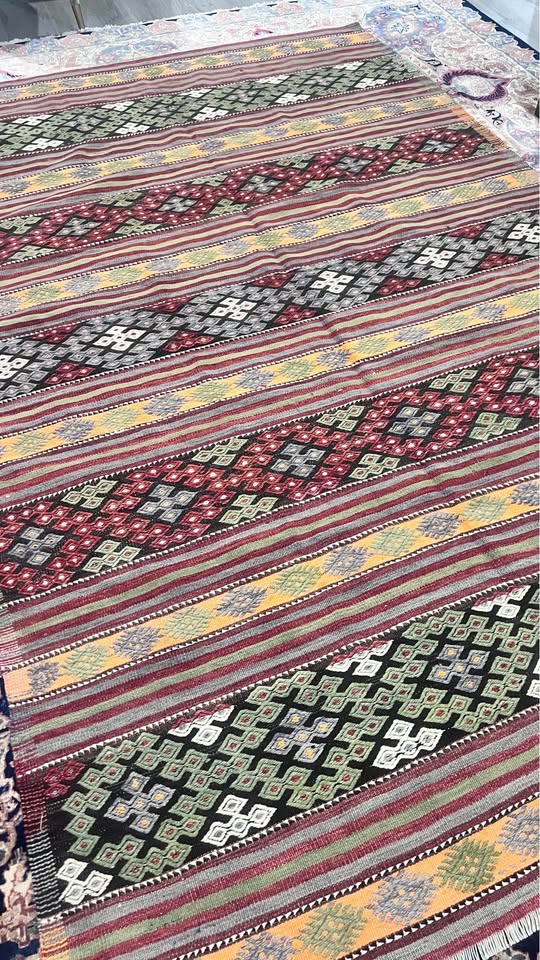 Vintage Anatolian Kilim, Red & Mustard Stripe, 185 × 292 cm – detail view 5