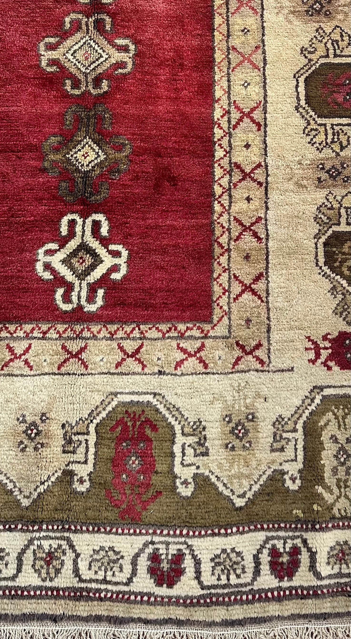 Turkish Antique Milas Wool Handwoven Rug – 130×240 cm |Red Tribal Motifs – One of a Kind