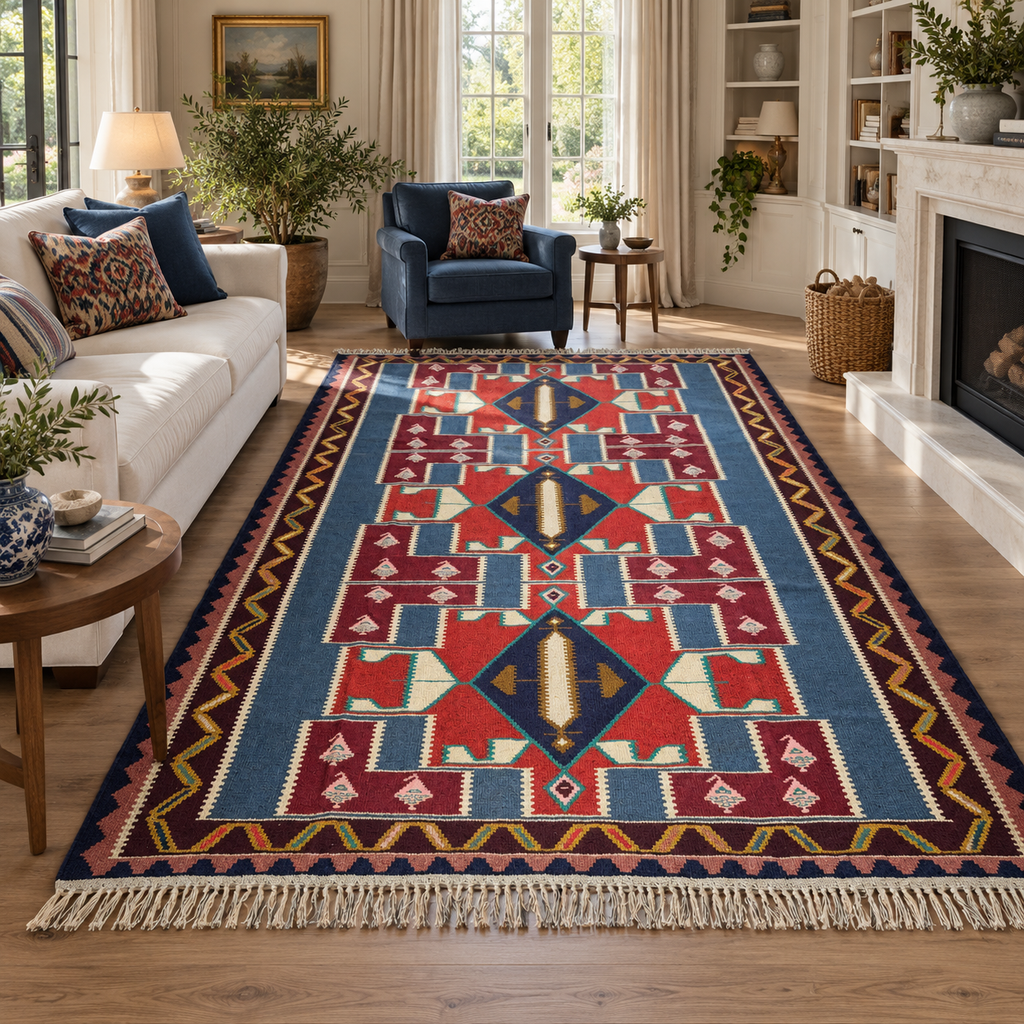 Vintage Persian Ardabil Kilim, Blue & Red, 210 × 310 cm – detail view 1