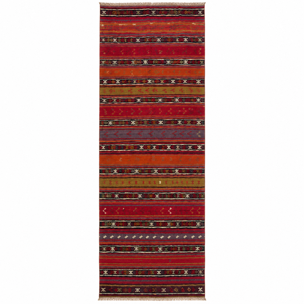 Turkish Kilim Wide Runner, Burgundy, 146 × 405 cm