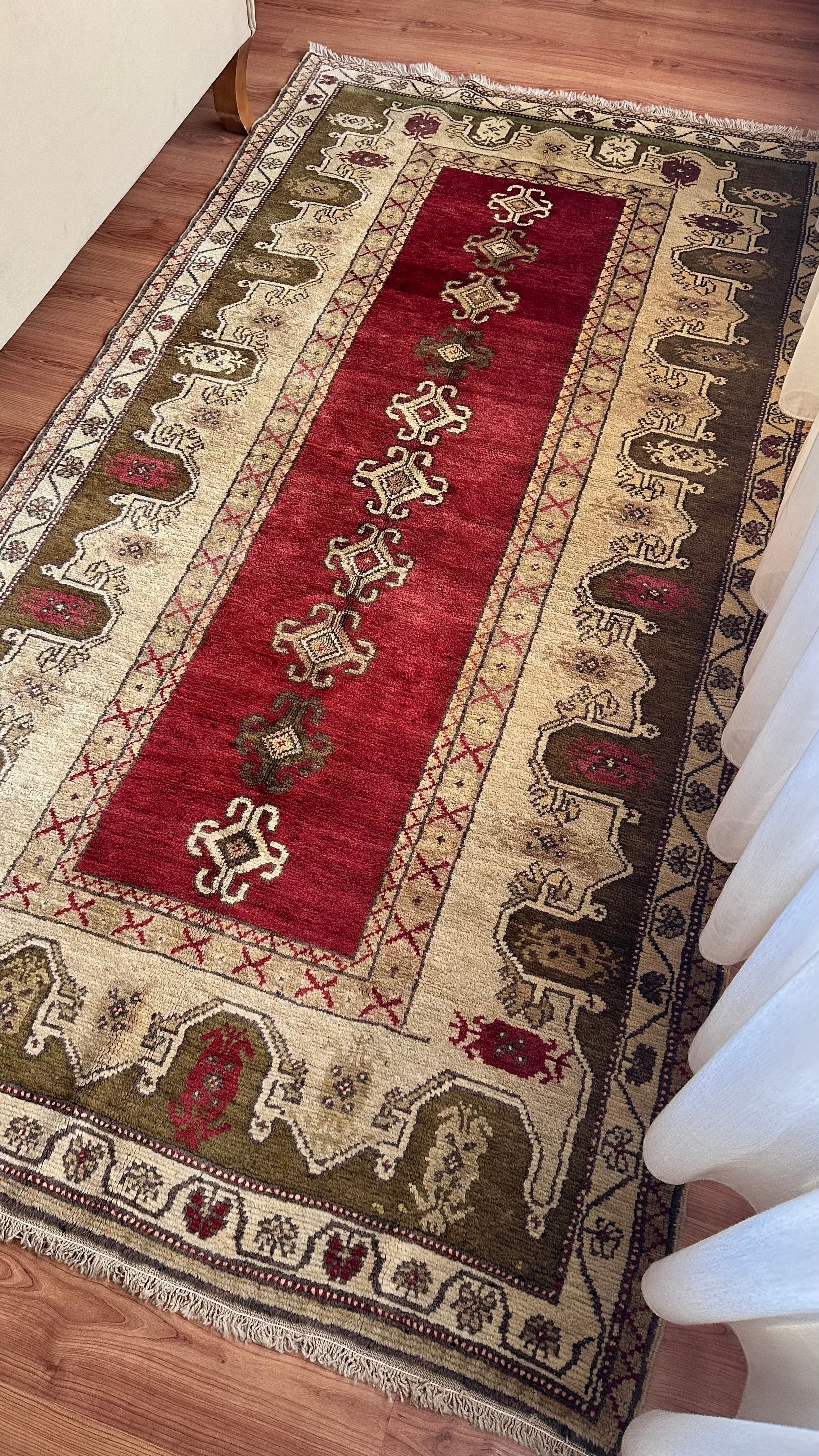 Turkish Antique Milas Wool Handwoven Rug – 130×240 cm |Red Tribal Motifs – One of a Kind