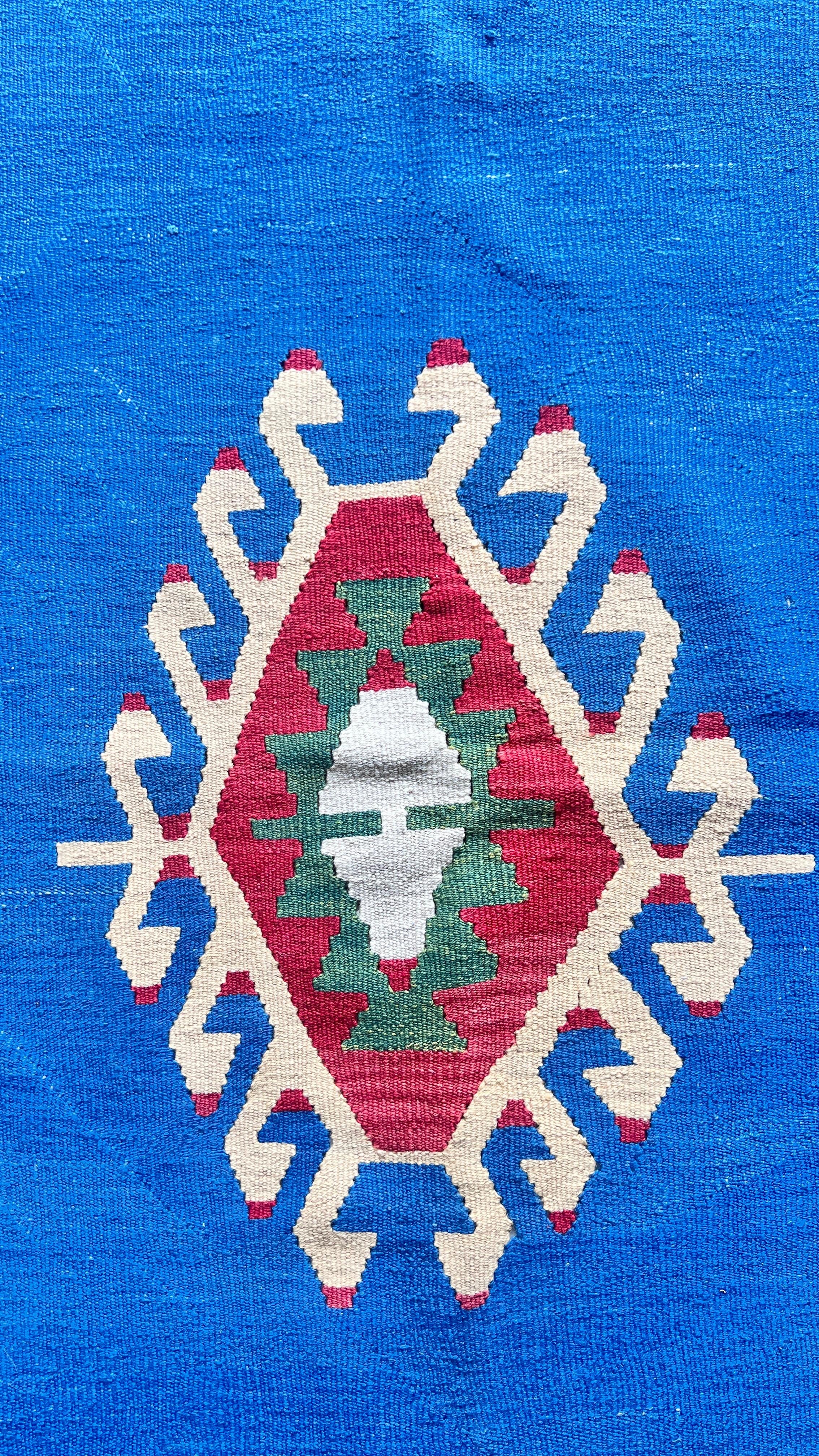 Vintage Turkish Denizli Kilim 167x232 cm – Handwoven Wool Tribal Blue Rug