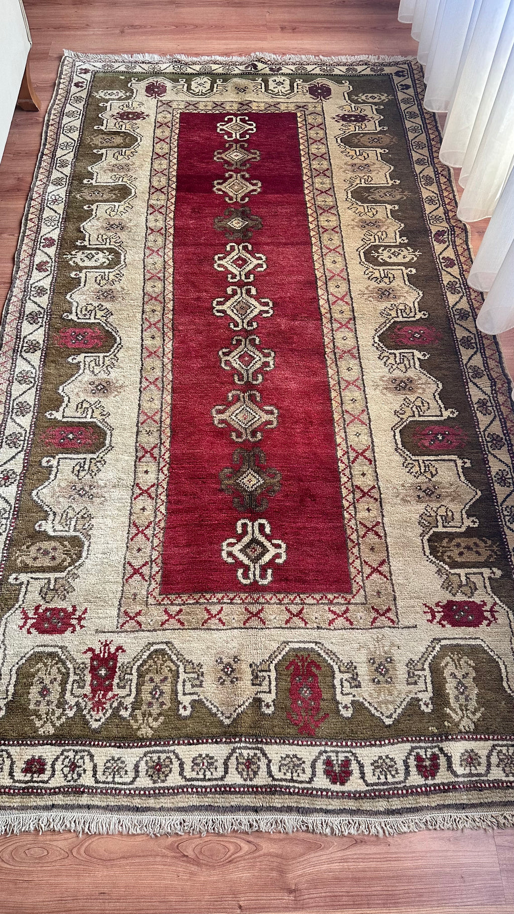 Turkish Antique Milas Wool Handwoven Rug – 130×240 cm |Red Tribal Motifs – One of a Kind