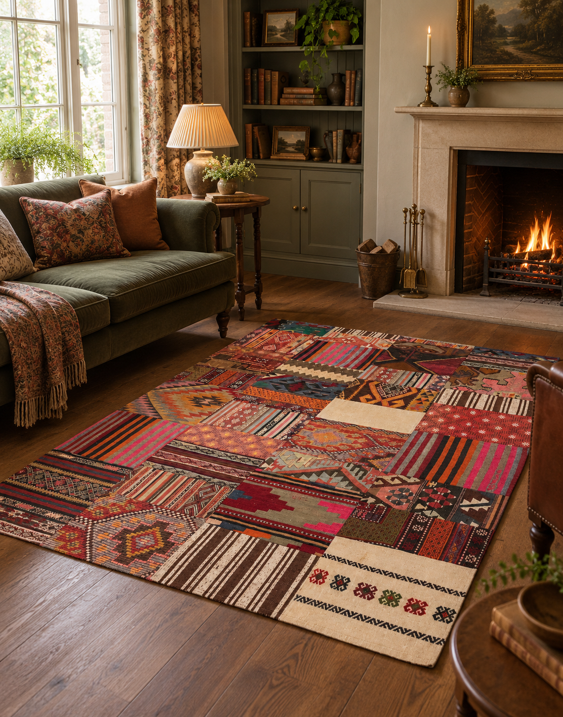 Turkish Patchwork Kilim – Burgundy · 194 × 247 cm