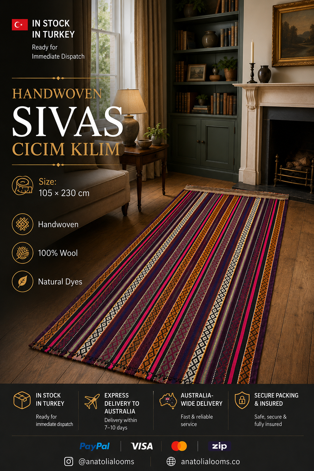 105 × 230 cm | Handmade Sivas Cicim Wool Kilim