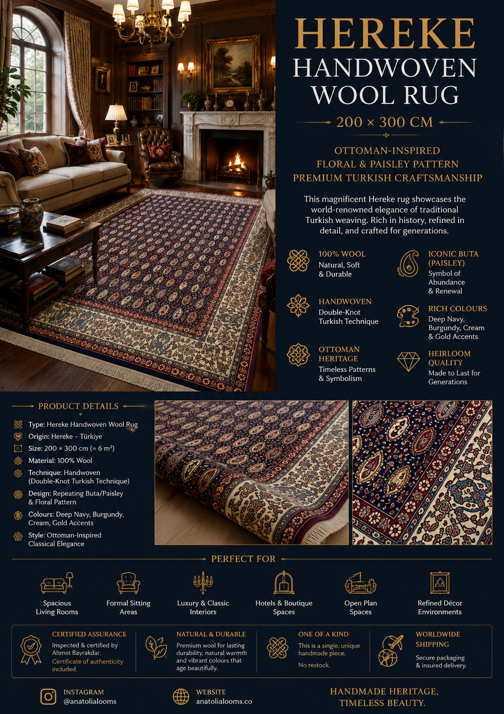 Ottoman Premium Hereke Wool Rug – 200×300 cm | Handwoven Turkish Floral Carpet