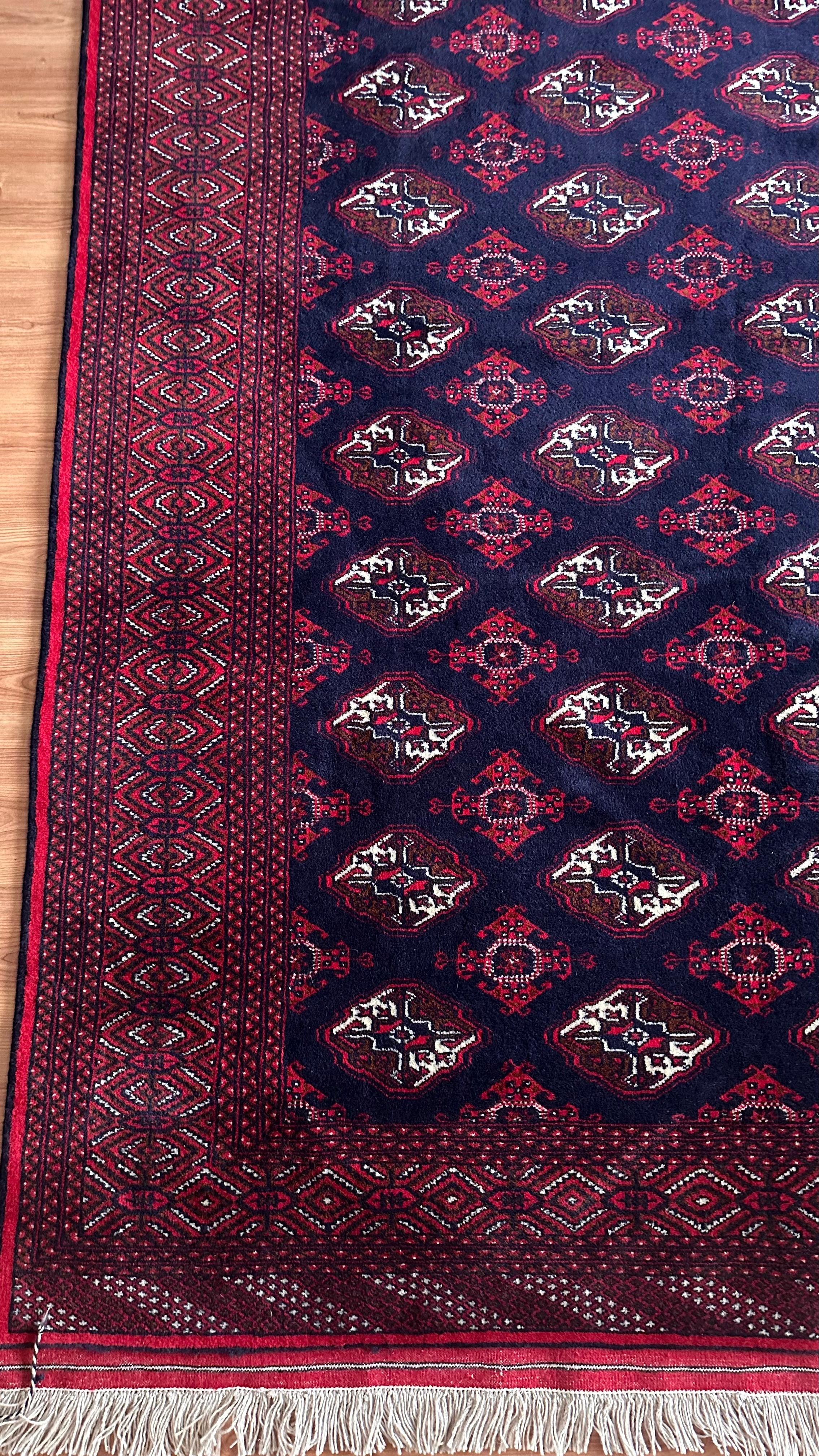 Handwoven Turkmen Rug – 204 x 300 cm | Traditional Burgundy & Navy Area Rug