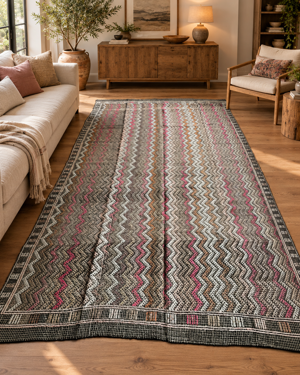 Vintage Manisa cicim kilim with pink zigzags on earth tones, 190 × 337 cm