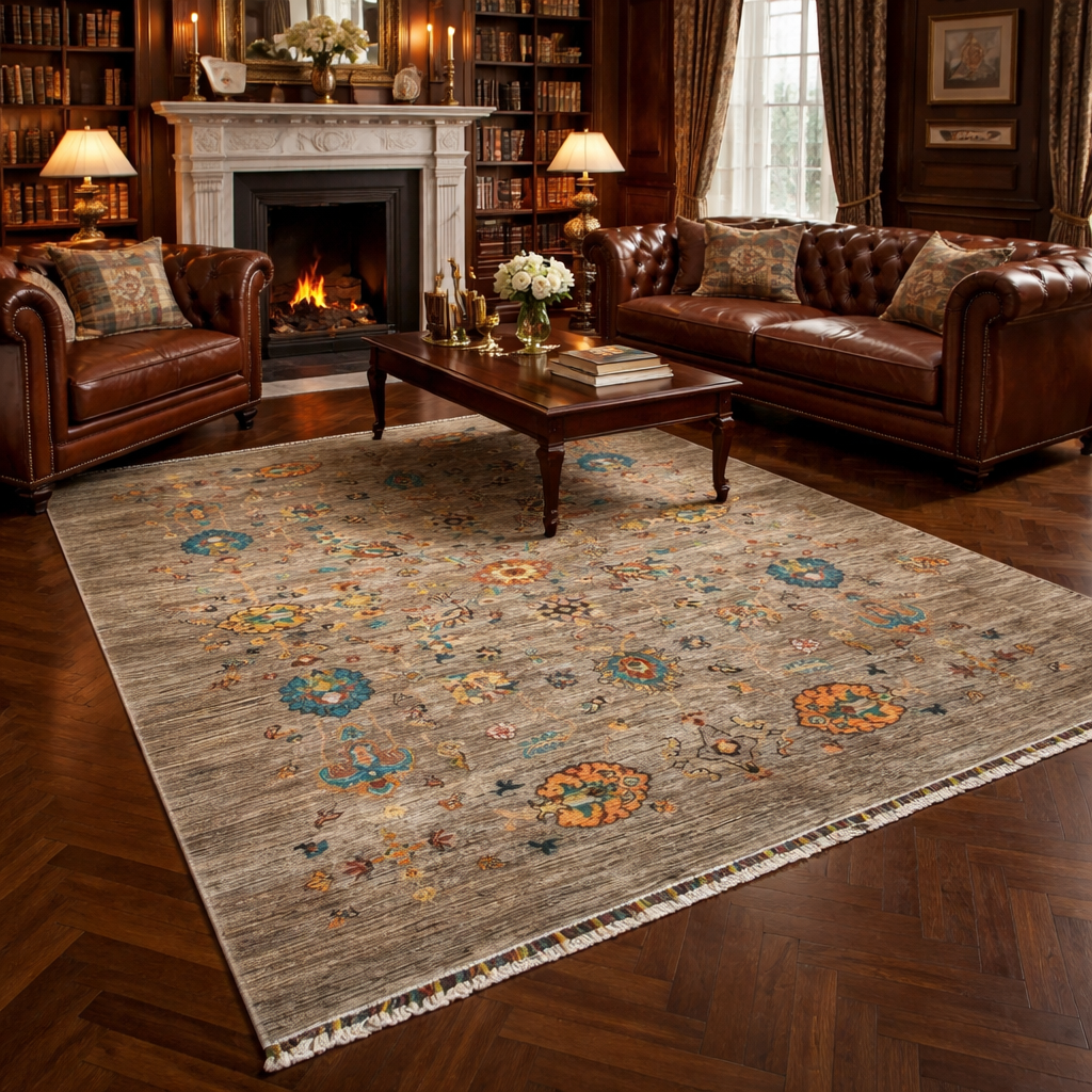 Afghan Sultani Chobi Rug – 200×300 cm – Hand-Knotted Wool – Grey Beige Floral Statement Carpet