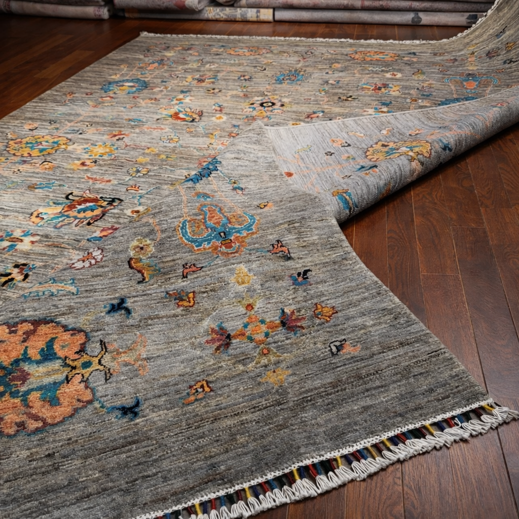 Afghan Sultani Chobi Rug – 200×300 cm – Hand-Knotted Wool – Grey Beige Floral Statement Carpet