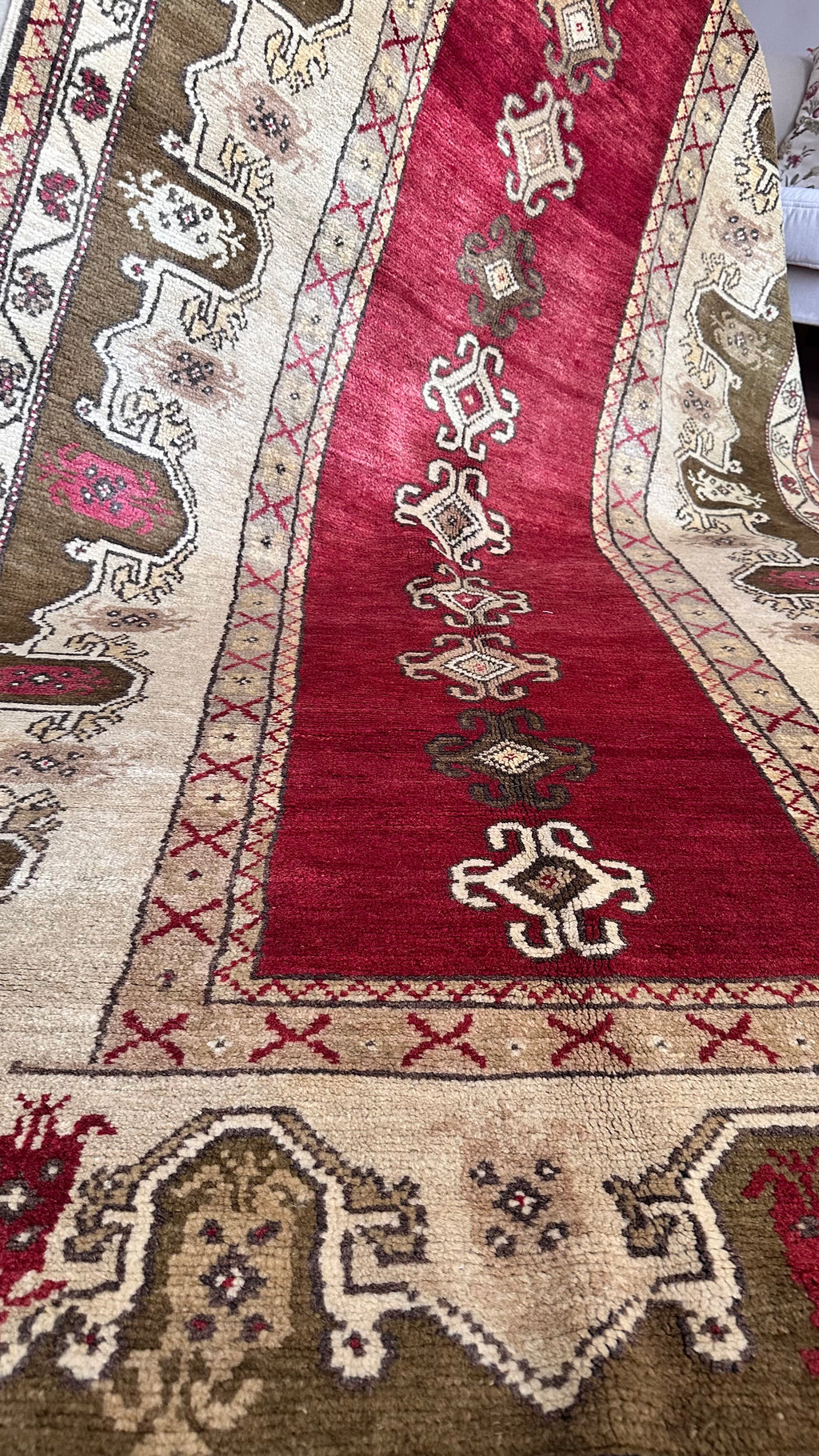 Turkish Antique Milas Wool Handwoven Rug – 130×240 cm |Red Tribal Motifs – One of a Kind