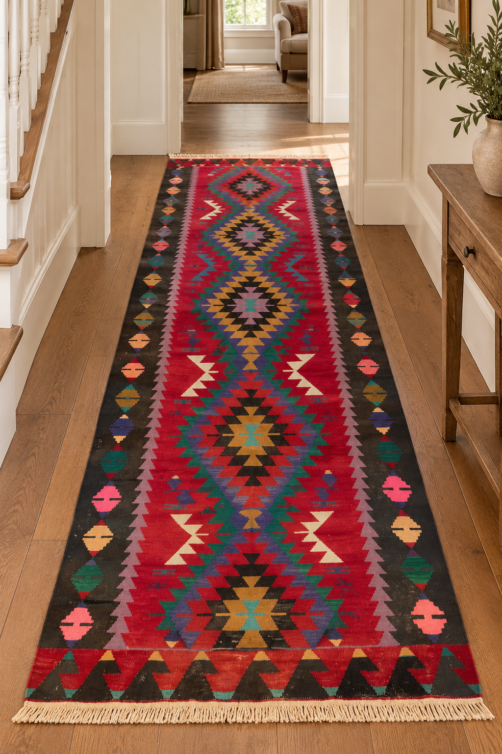 Vintage Kayseri kilim wide runner in red, 118 × 396 cm, full length