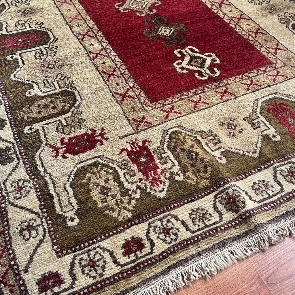 Turkish Antique Milas Wool Handwoven Rug – 130×240 cm |Red Tribal Motifs – One of a Kind