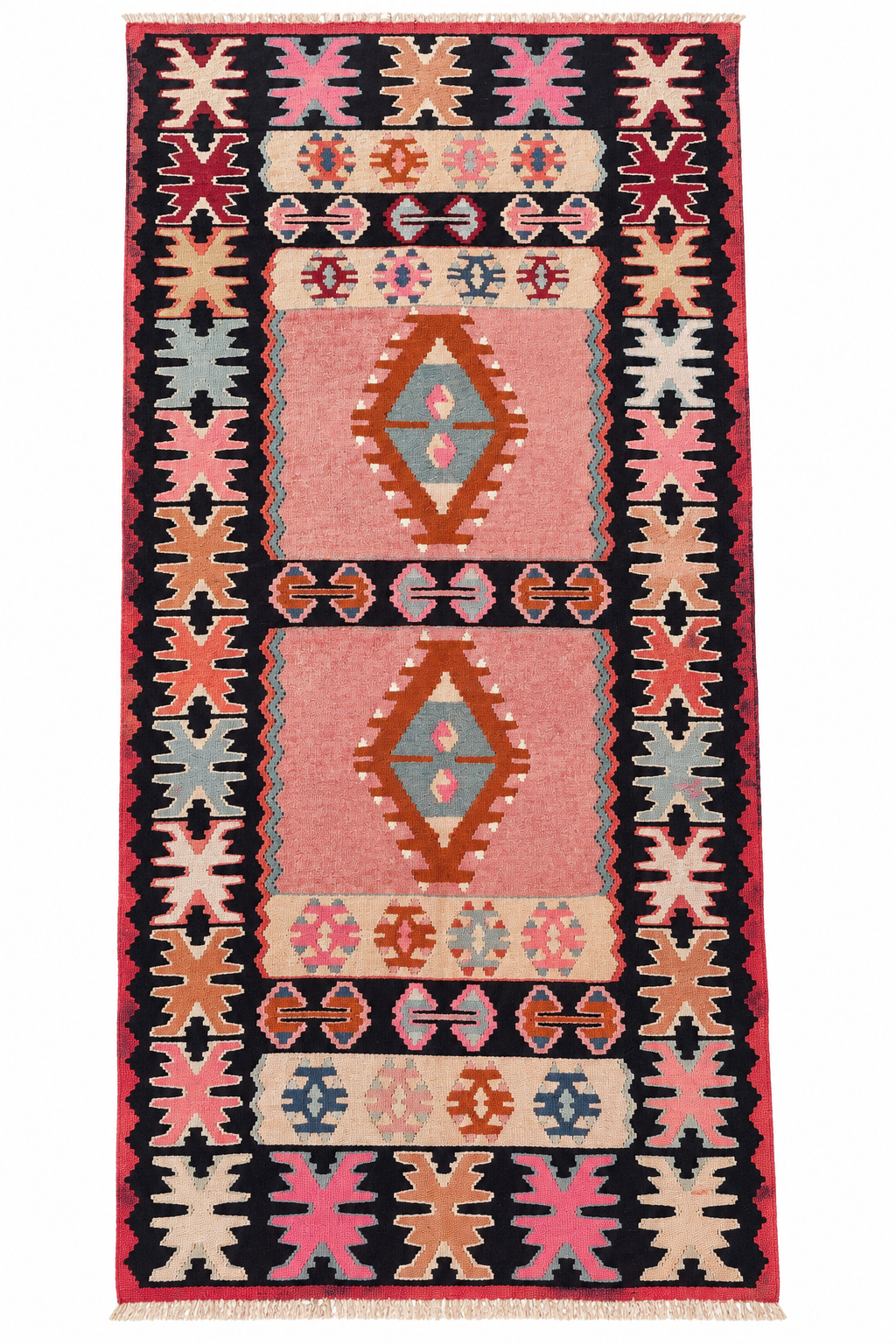 Vintage Bulgarian Kilim – Soft Pink & Navy · 101 × 210 cm