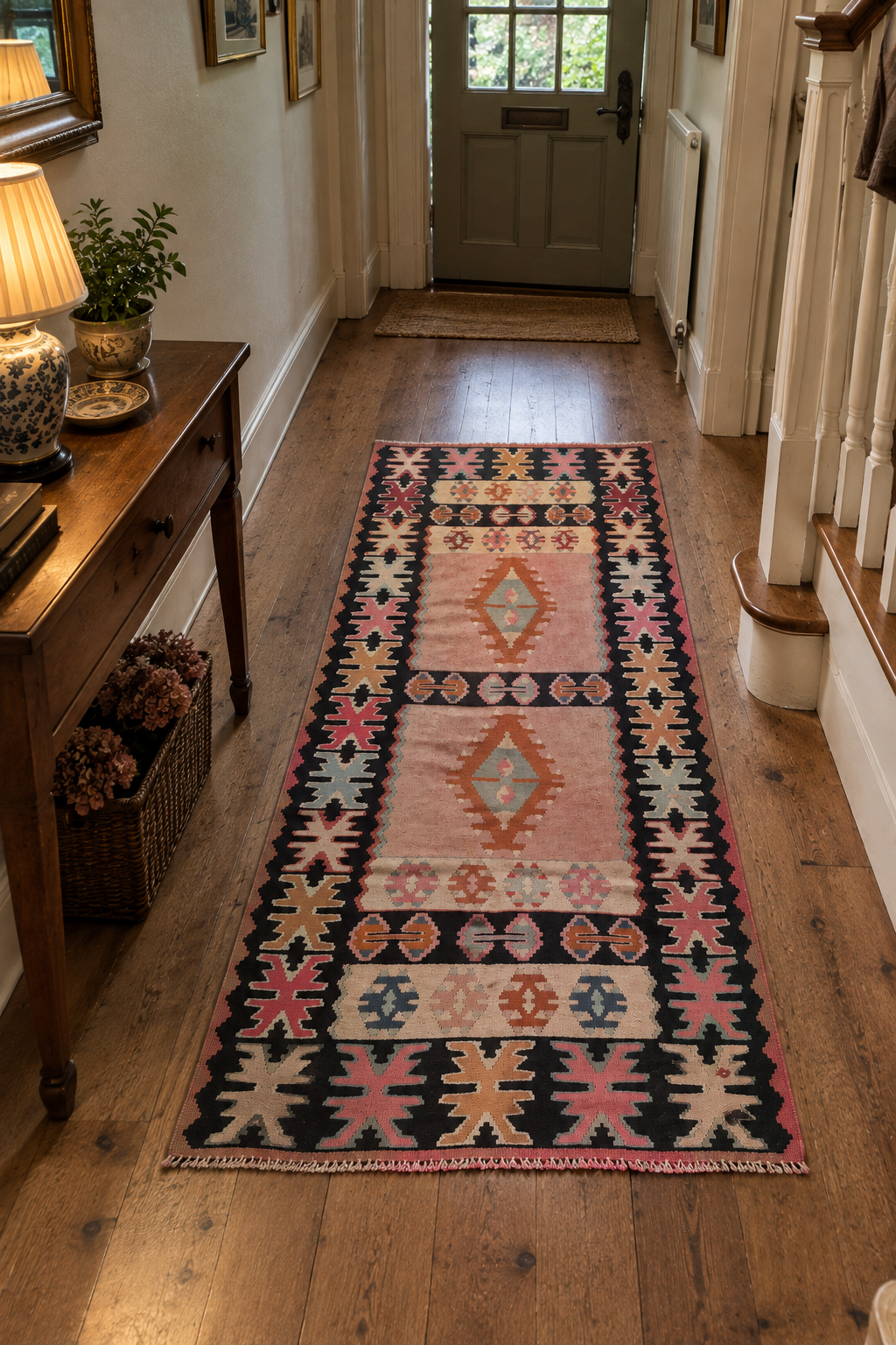 Vintage Bulgarian Kilim – Soft Pink & Navy · 101 × 210 cm