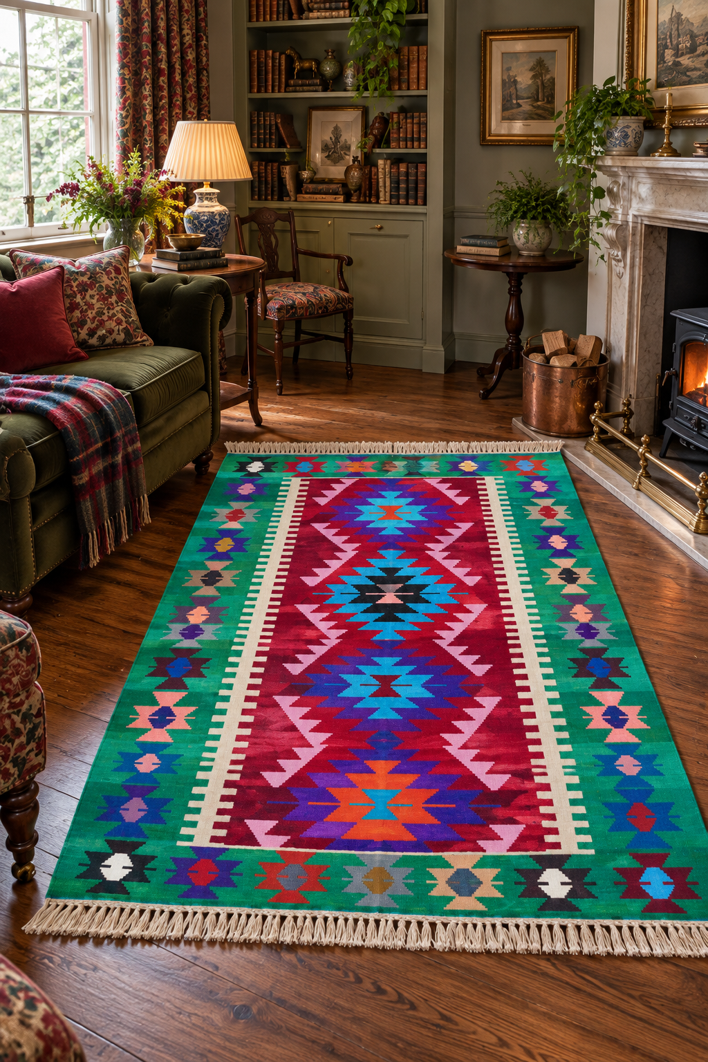 Vintage Oushak Kilim – Green · 124 × 265 cm