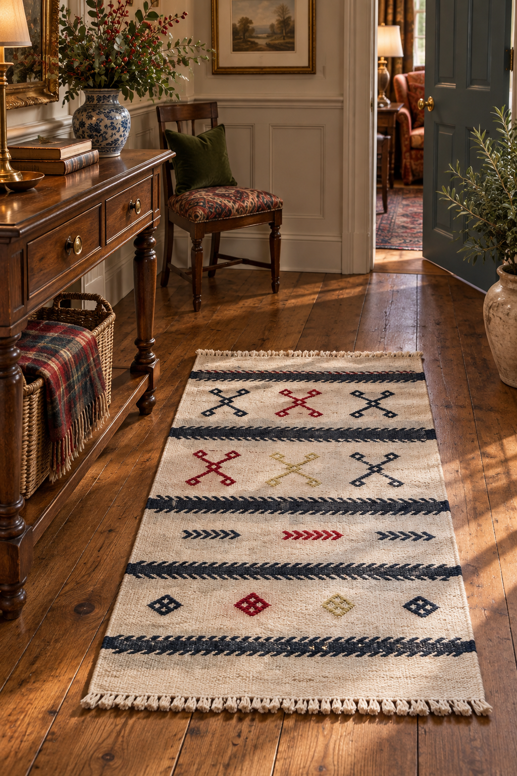 Balıkesir Turkish Kilim – Ivory & Navy · 60 × 91 cm