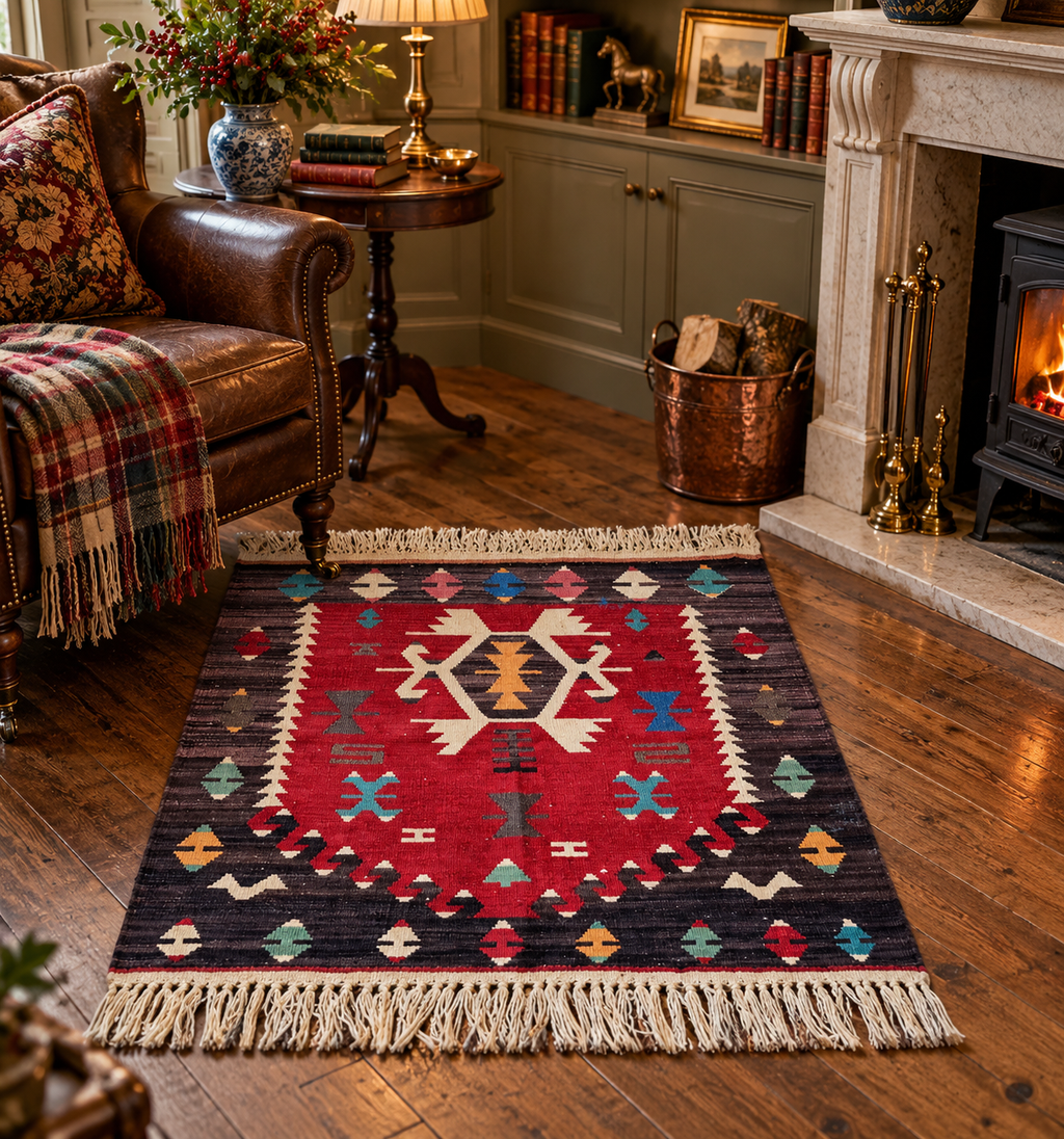 Vintage Oushak Kilim – Red & Charcoal · 83 × 107 cm