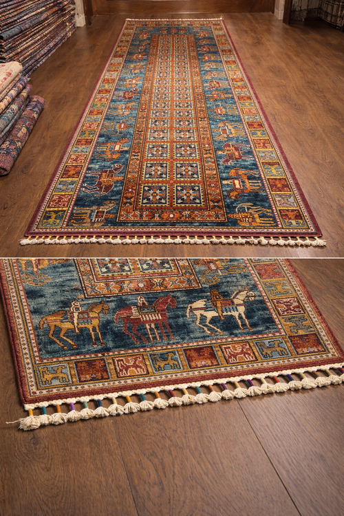 Afghan Pazyryk Runner Rug – Blue · 85 × 300 cm