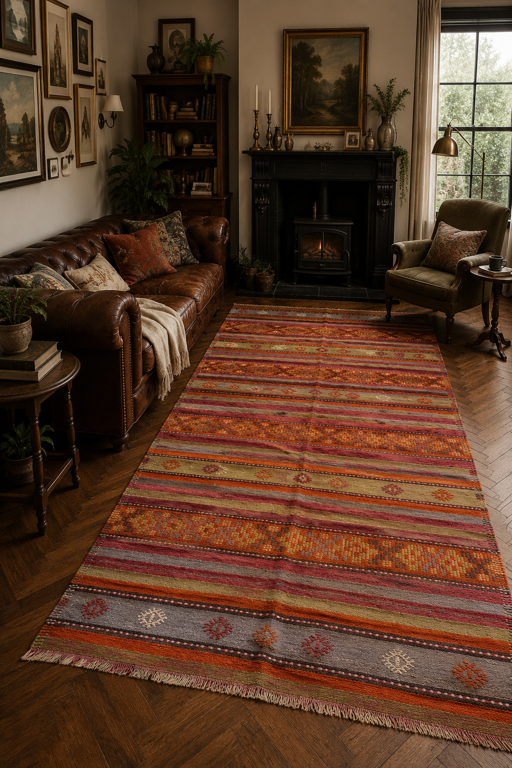 Green & Orange Handmade Wool Vintage Turkish Kilim Rug – 173 × 287 cm