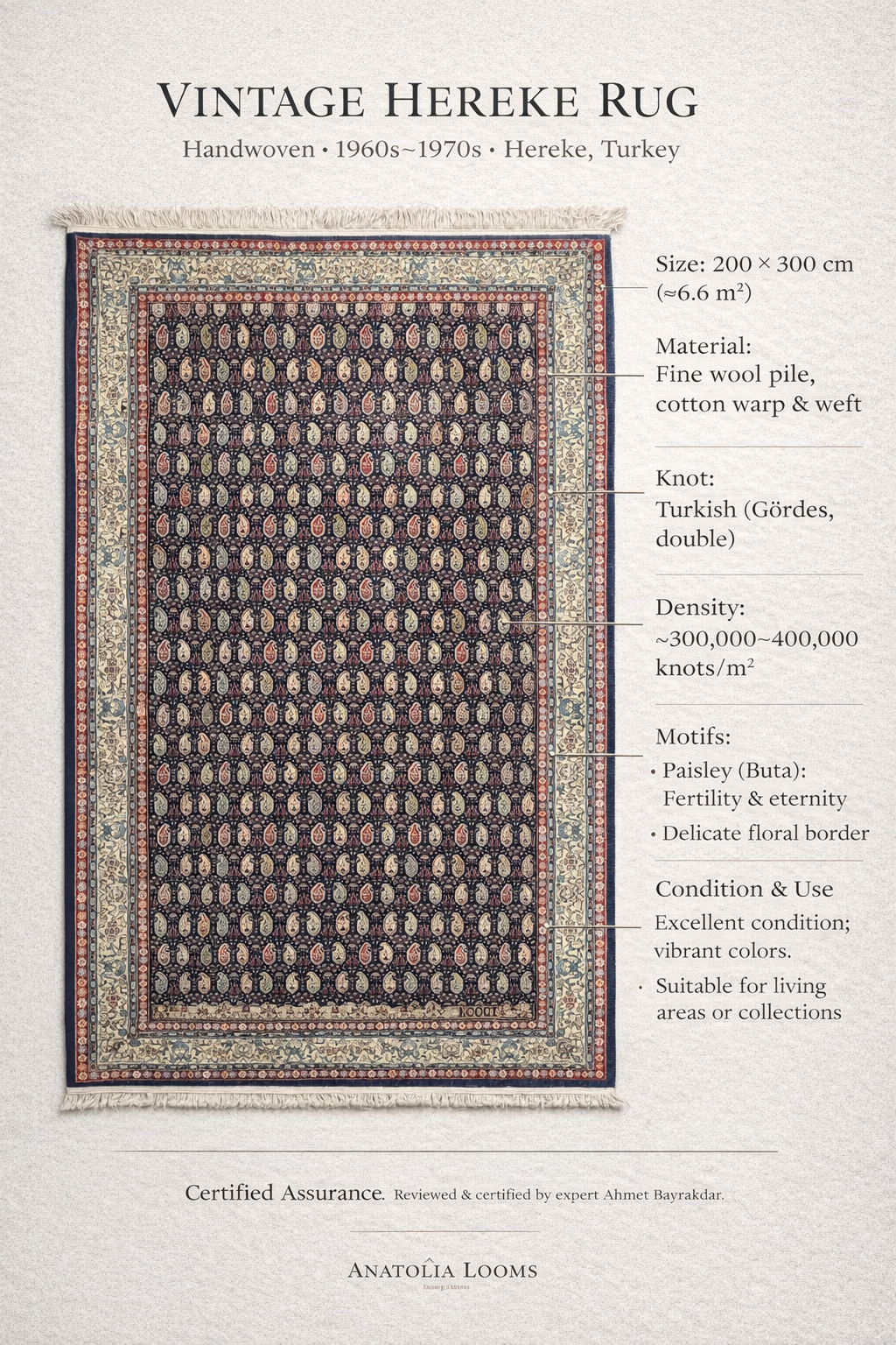 Ottoman Premium Hereke Wool Rug – 200×300 cm | Handwoven Turkish Floral Carpet