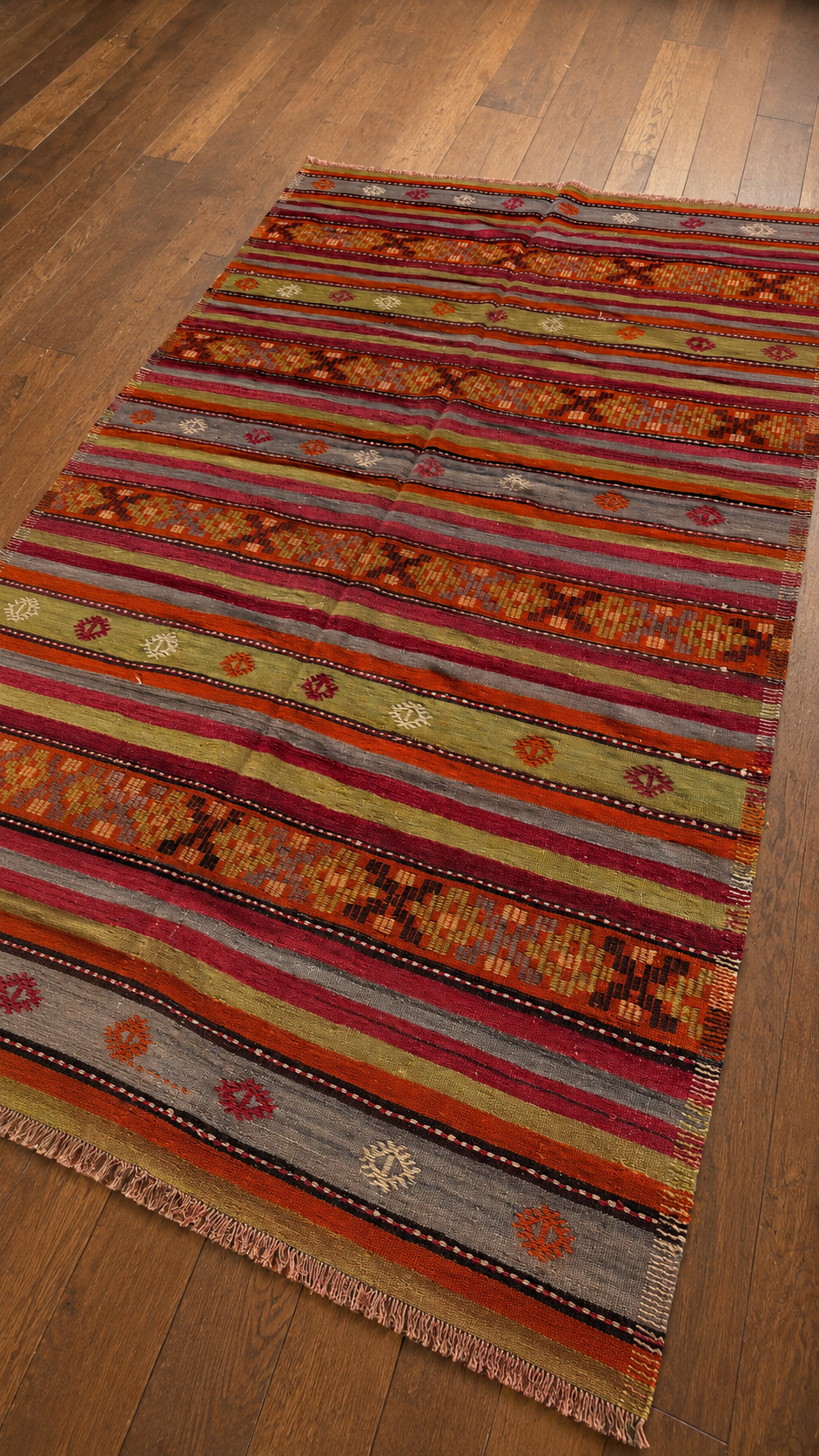 Green & Orange Handmade Wool Vintage Turkish Kilim Rug – 173 × 287 cm