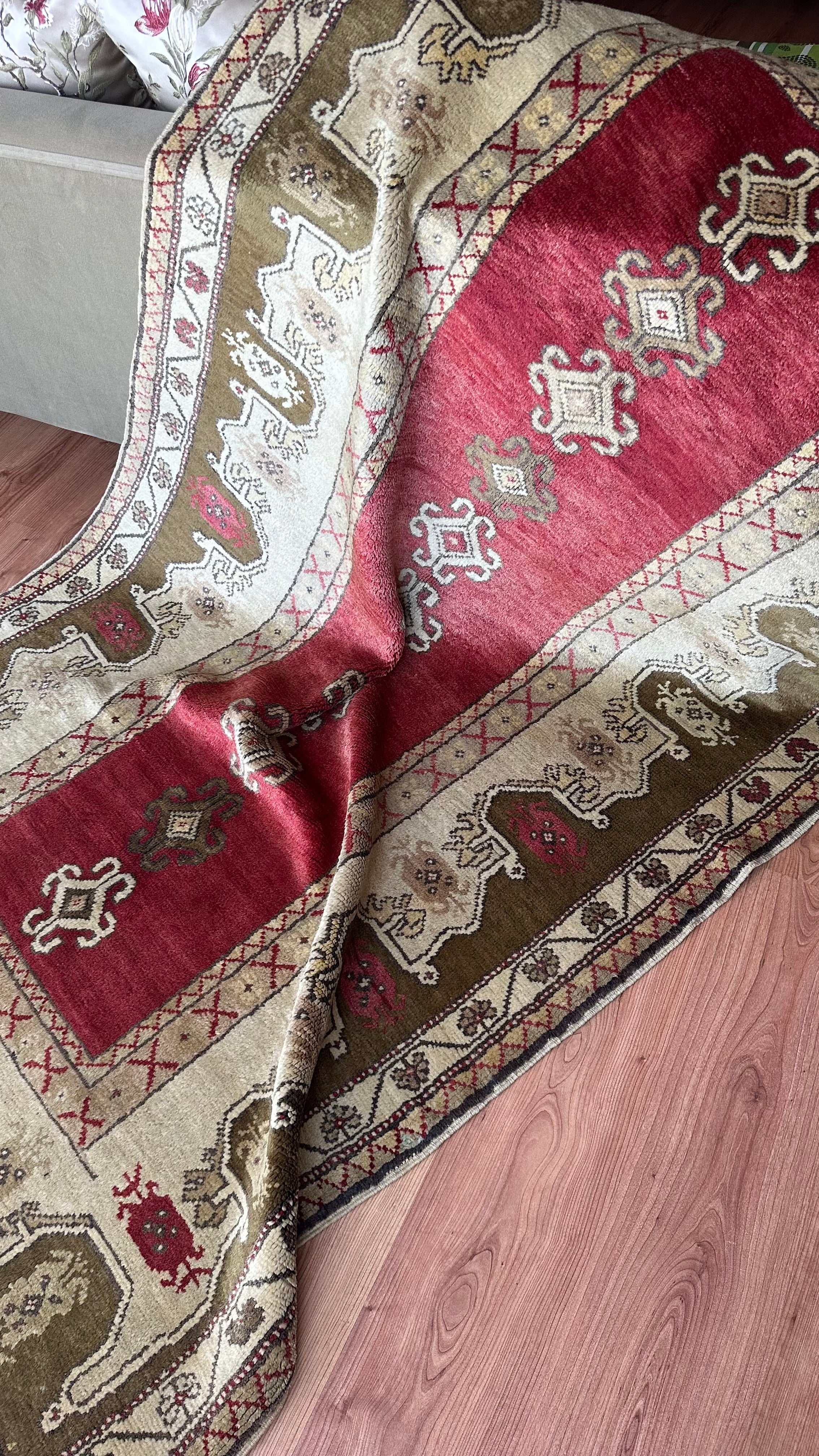 Turkish Antique Milas Wool Handwoven Rug – 130×240 cm |Red Tribal Motifs – One of a Kind