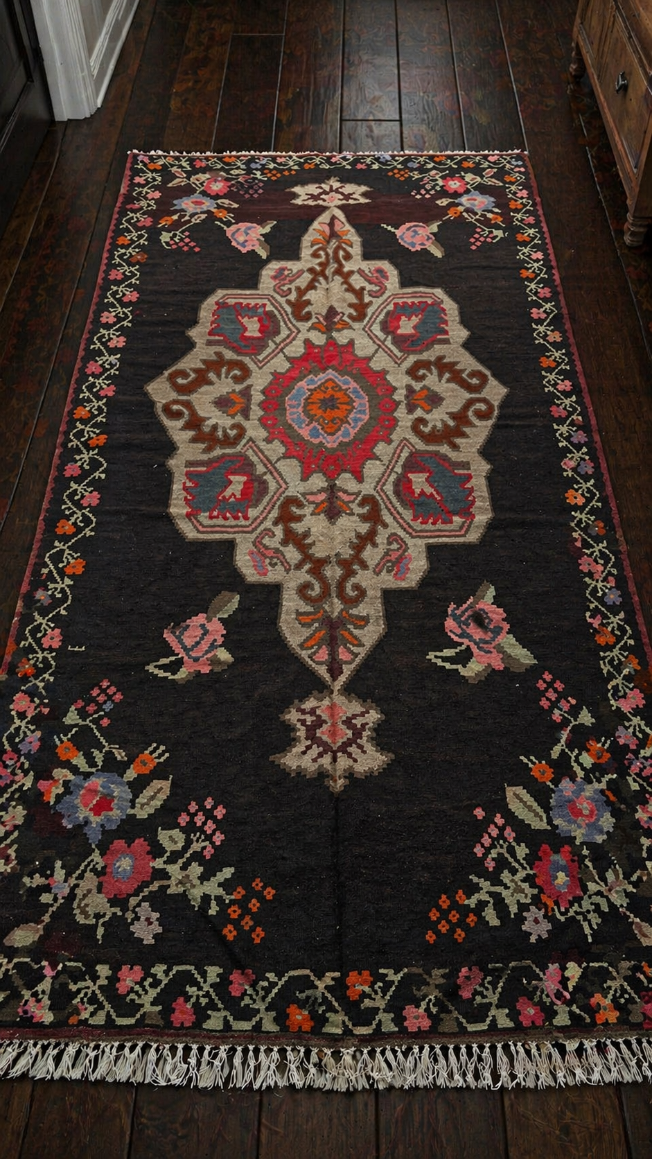 Vintage Floral Runner Rug – 168x356 cm – Handmade Wool – Dark Bohemian Statement Piece
