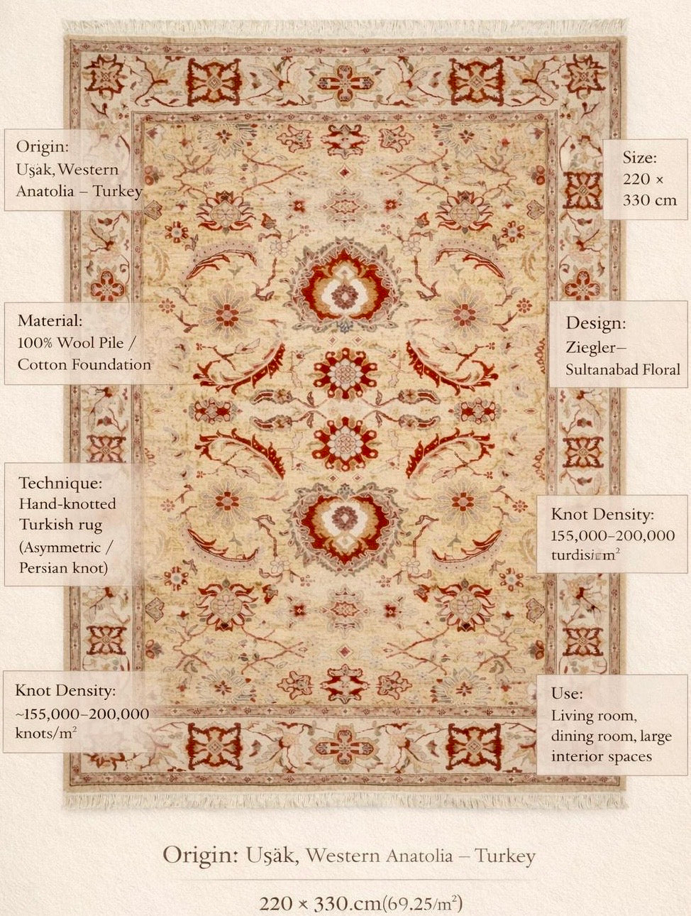 Lüks Uşak Yün Halı – 220×330 cm | El Dokuma Türk Halısı