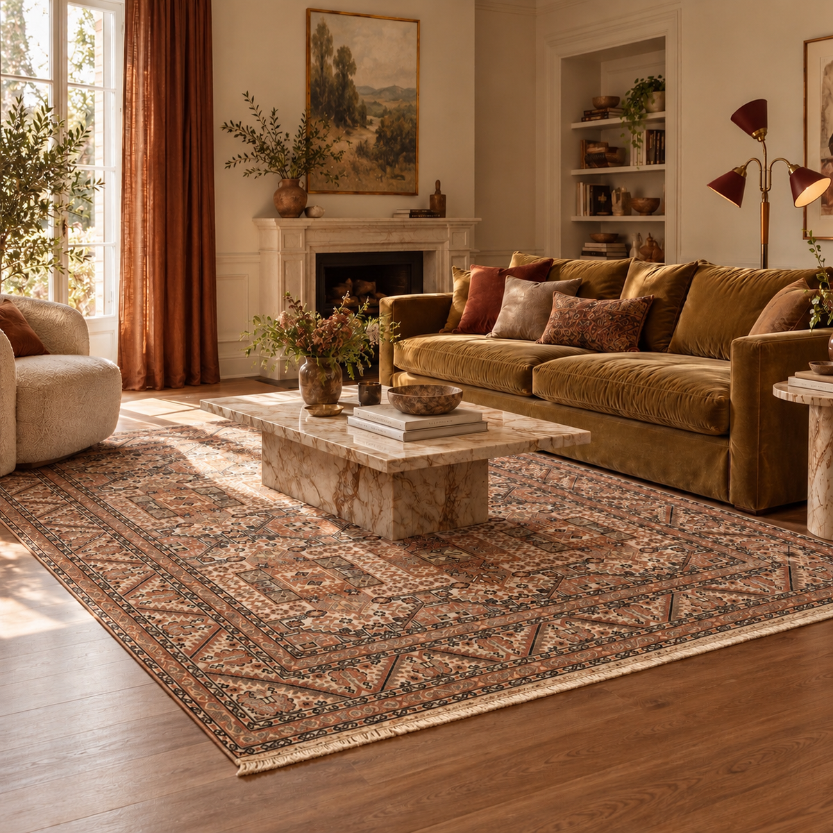 Turkish Bünyan rug in brown, 200 × 300 cm, styled in a room