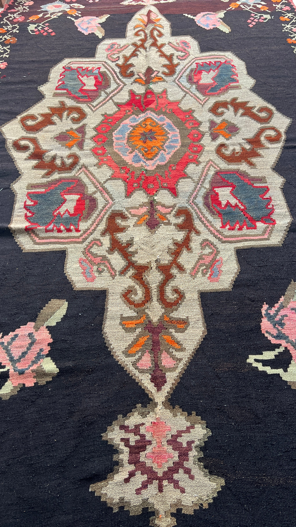Vintage Floral Runner Rug – 168x356 cm – Handmade Wool – Dark Bohemian Statement Piece