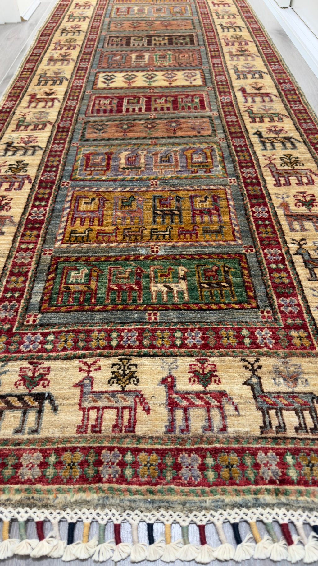 Afghan Pazyryk Runner Rug, Ivory, 80 × 300 cm – detail view 4