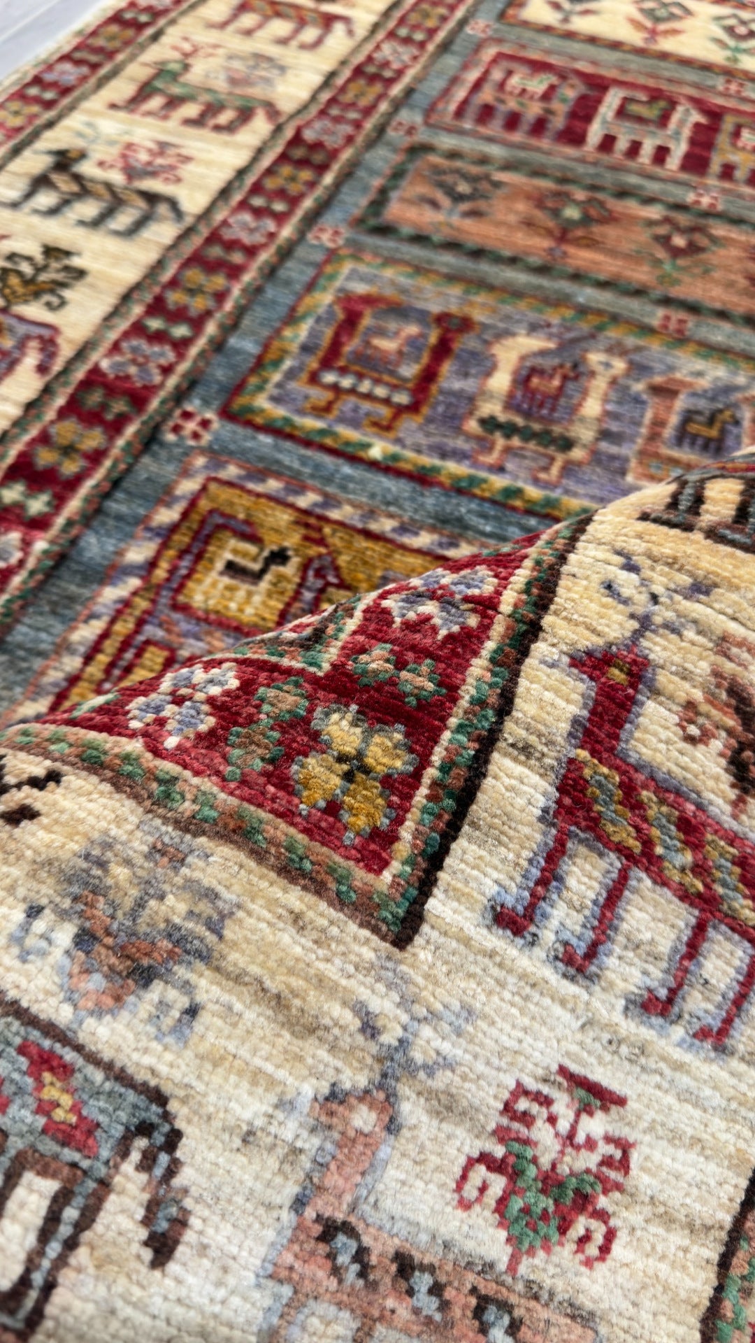 Afghan Pazyryk Runner Rug, Ivory, 80 × 300 cm – detail view 5