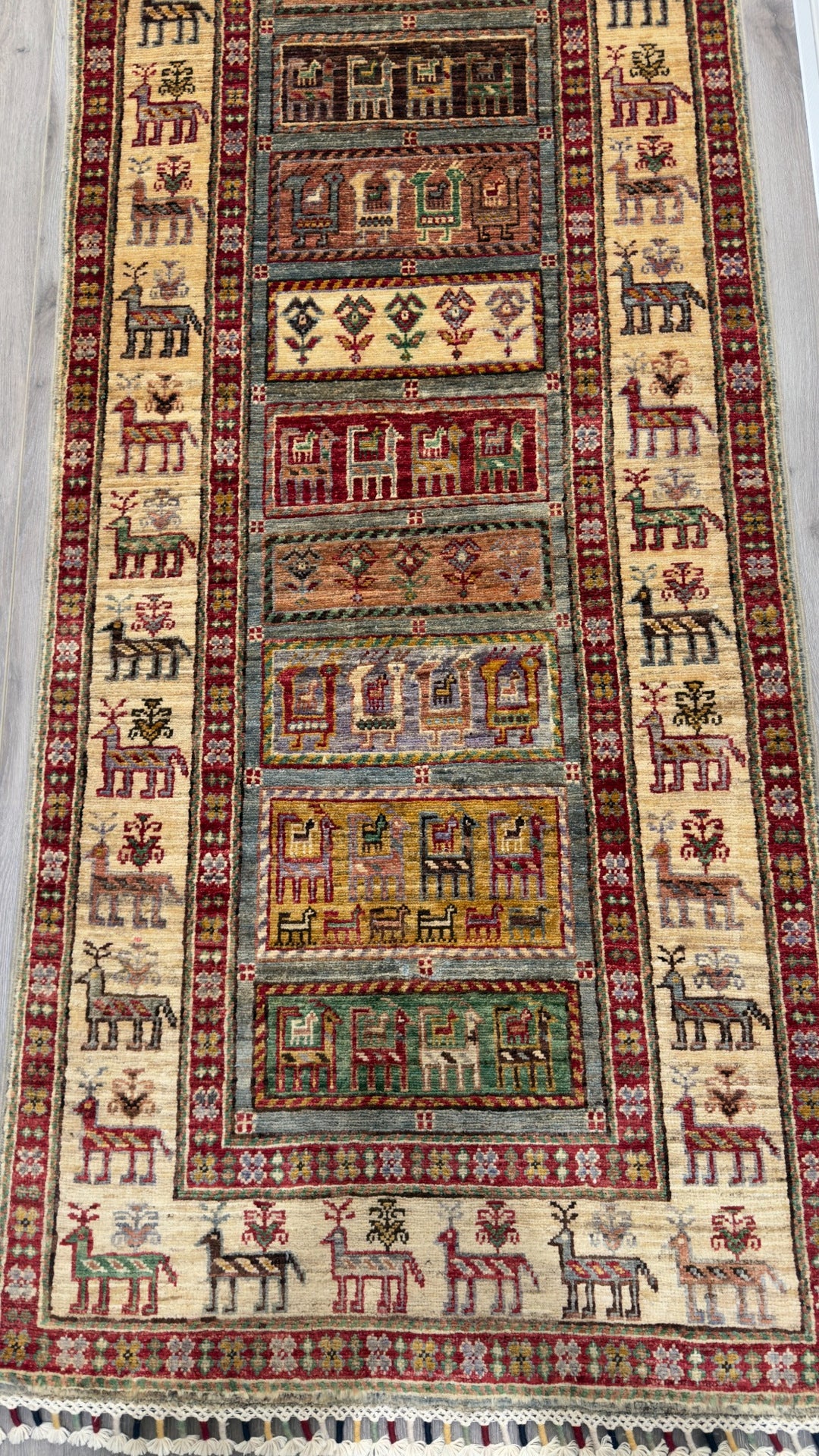 Afghan Pazyryk Runner Rug, Ivory, 80 × 300 cm – detail view 6