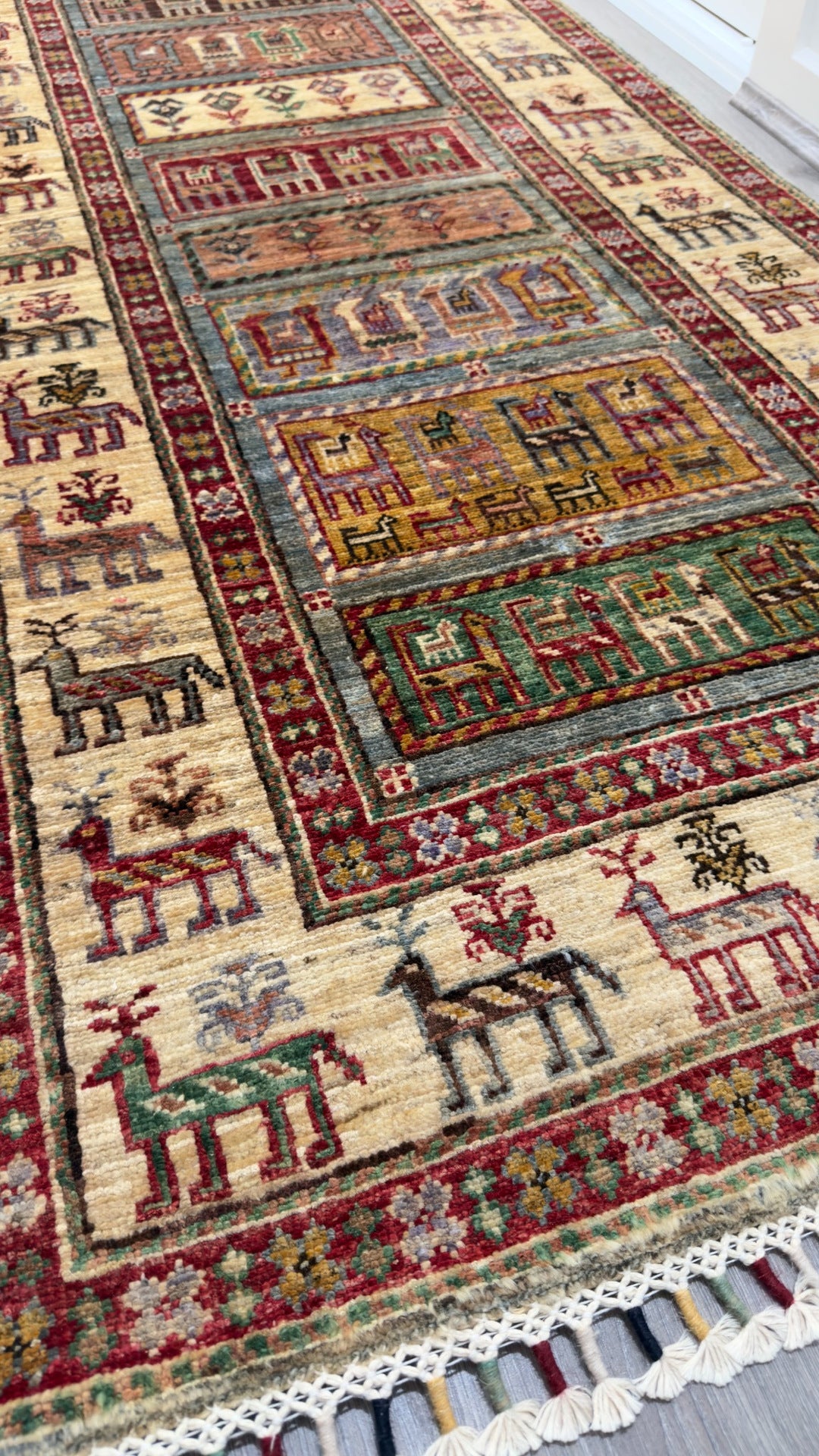 Afghan Pazyryk Runner Rug, Ivory, 80 × 300 cm – detail view 7