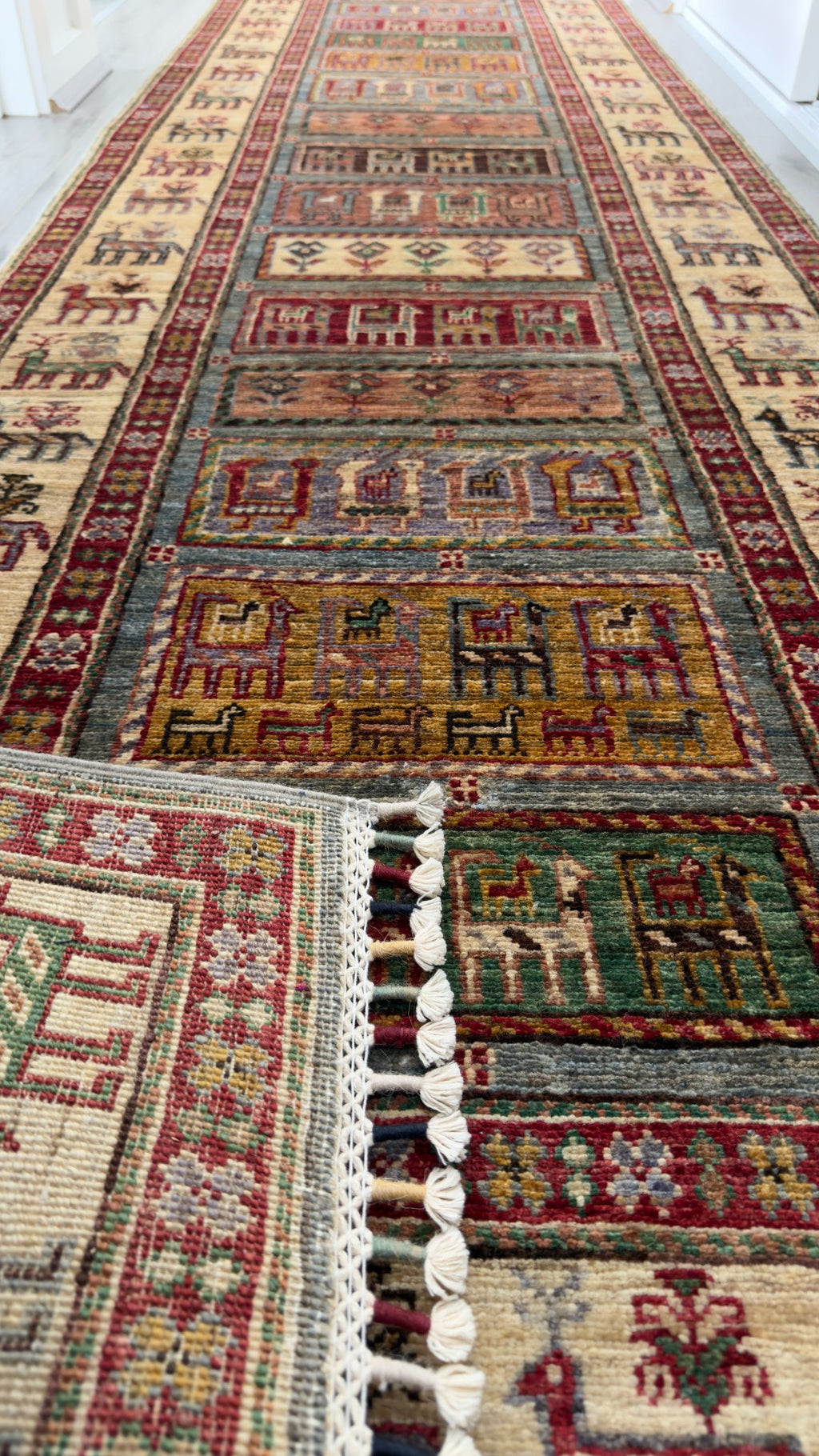 Afghan Pazyryk Runner Rug, Ivory, 80 × 300 cm – detail view 8