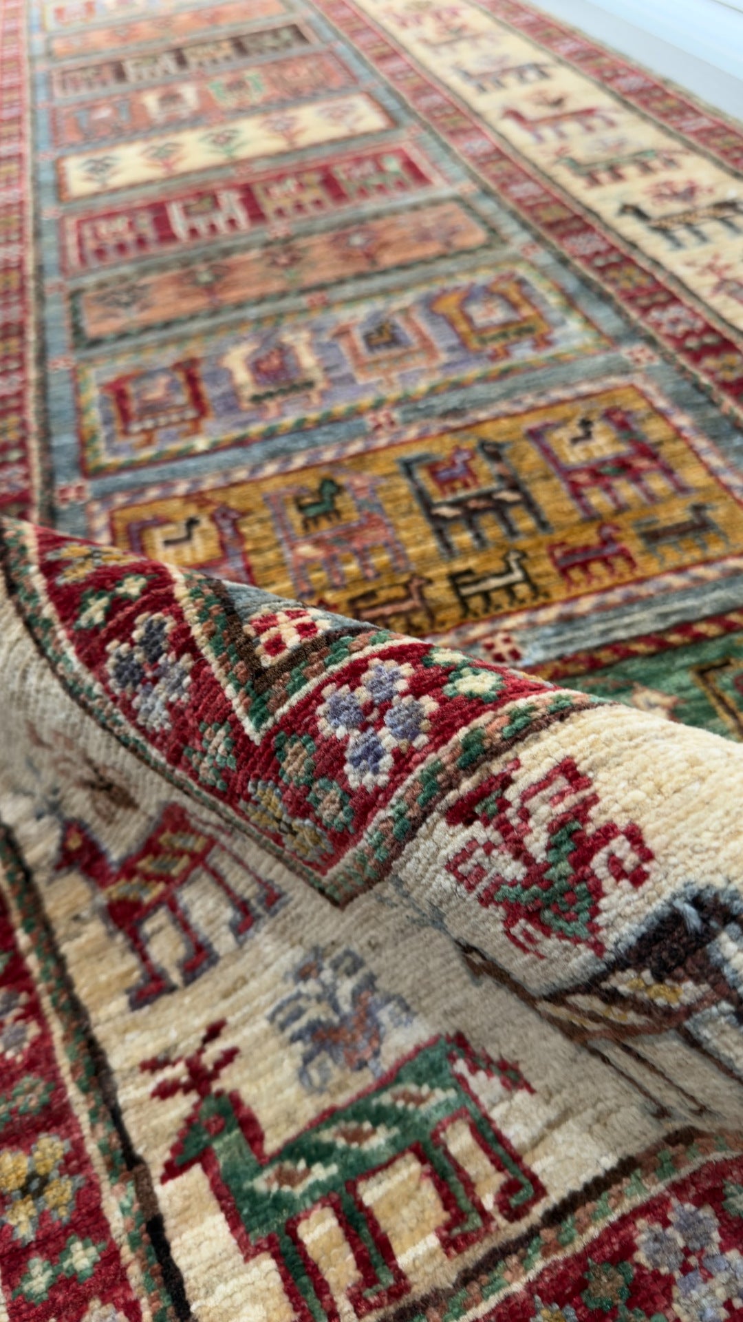 Afghan Pazyryk Runner Rug, Ivory, 80 × 300 cm – detail view 2