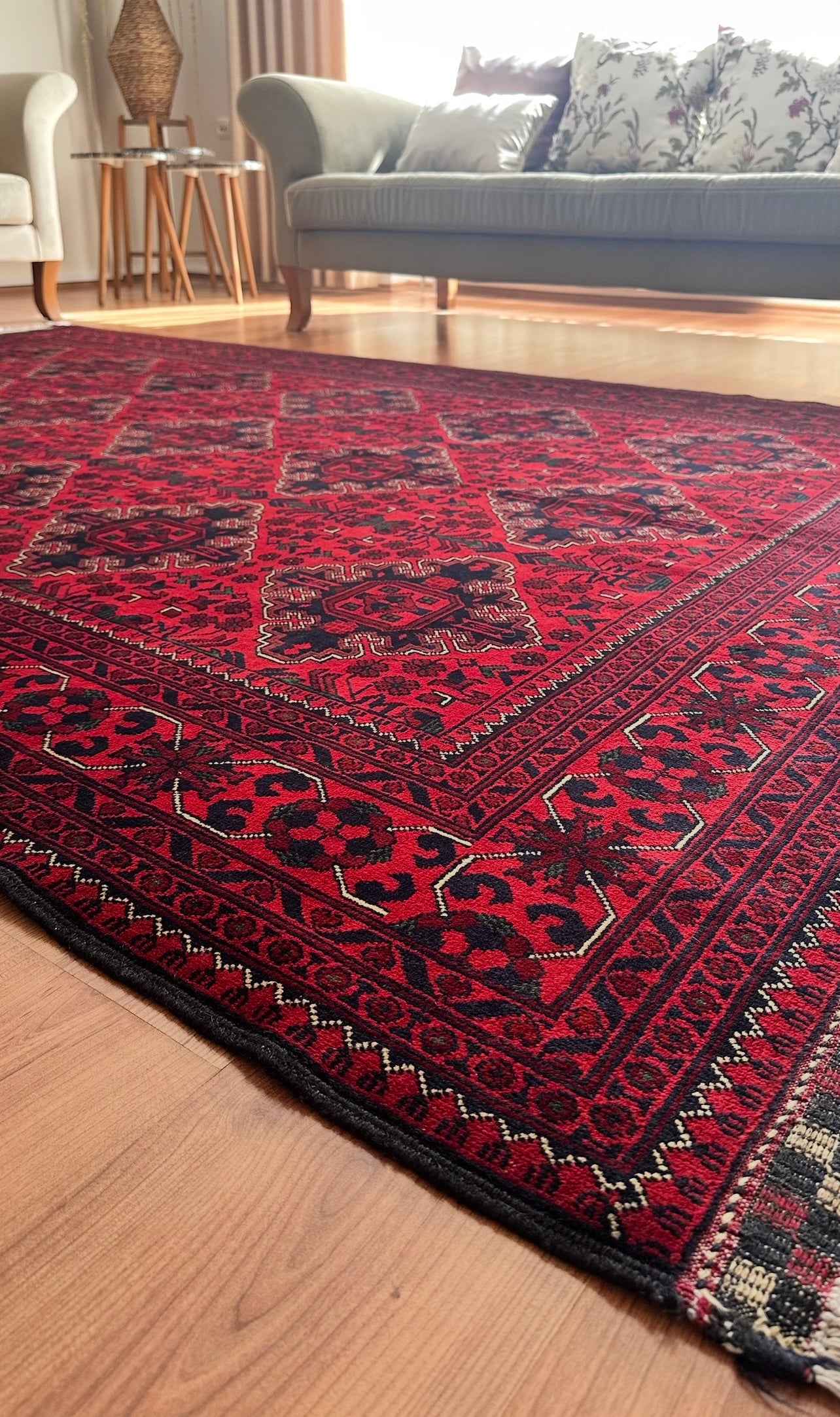 Afghan Rose Motif Rug – 200×300 cm | Handwoven Wool Tribal Carpet