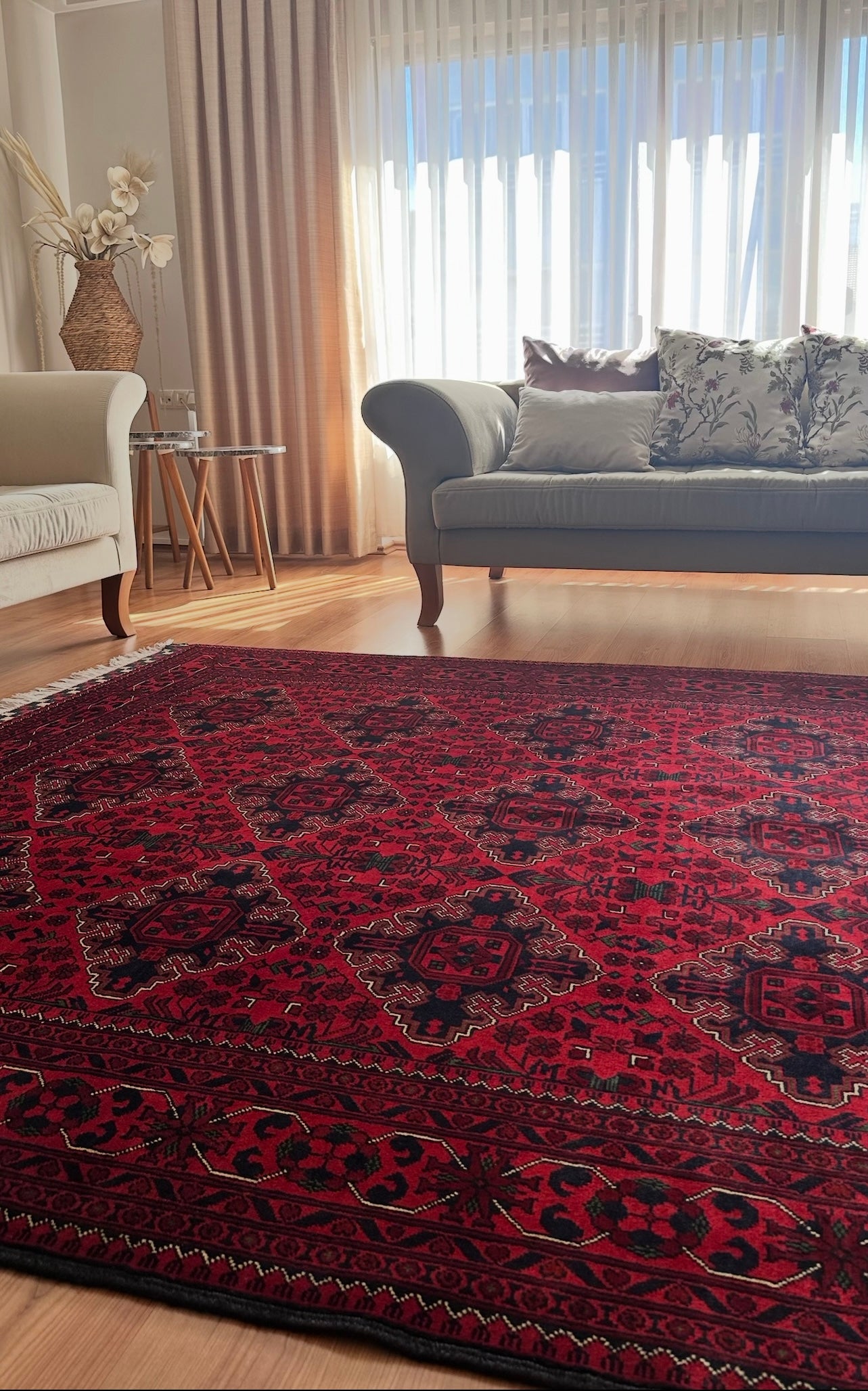 Afghan Rose Motif Rug – 200×300 cm | Handwoven Wool Tribal Carpet
