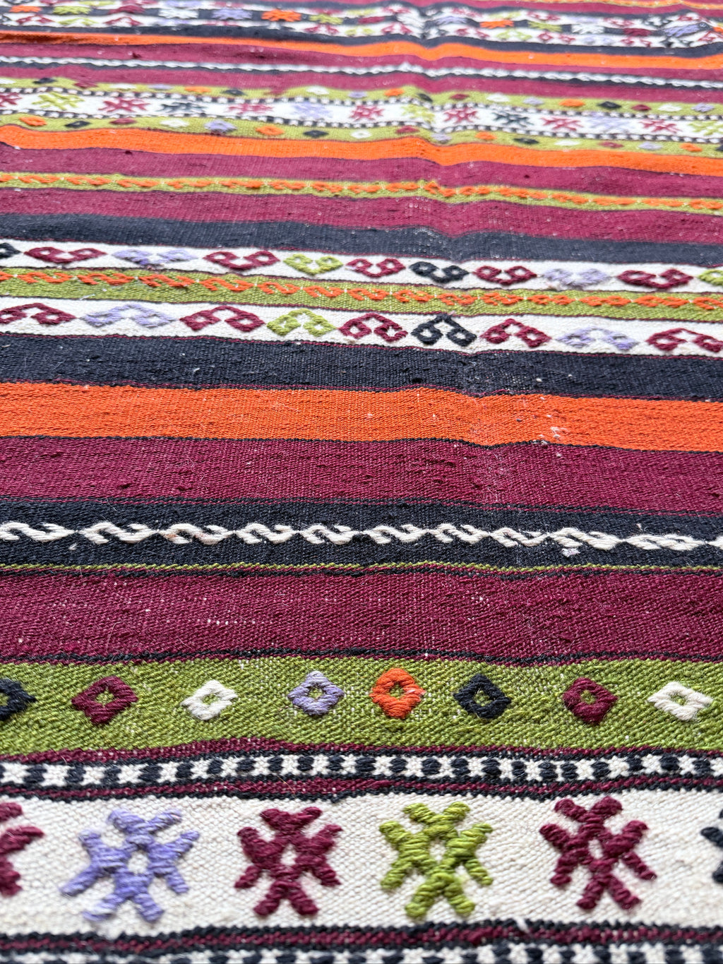 Handmade Turkish Cicim Kilim Rug – Bohemian Tribal Wool Flatweave – Vintage Anatolian Area Rug – 174x238 cm