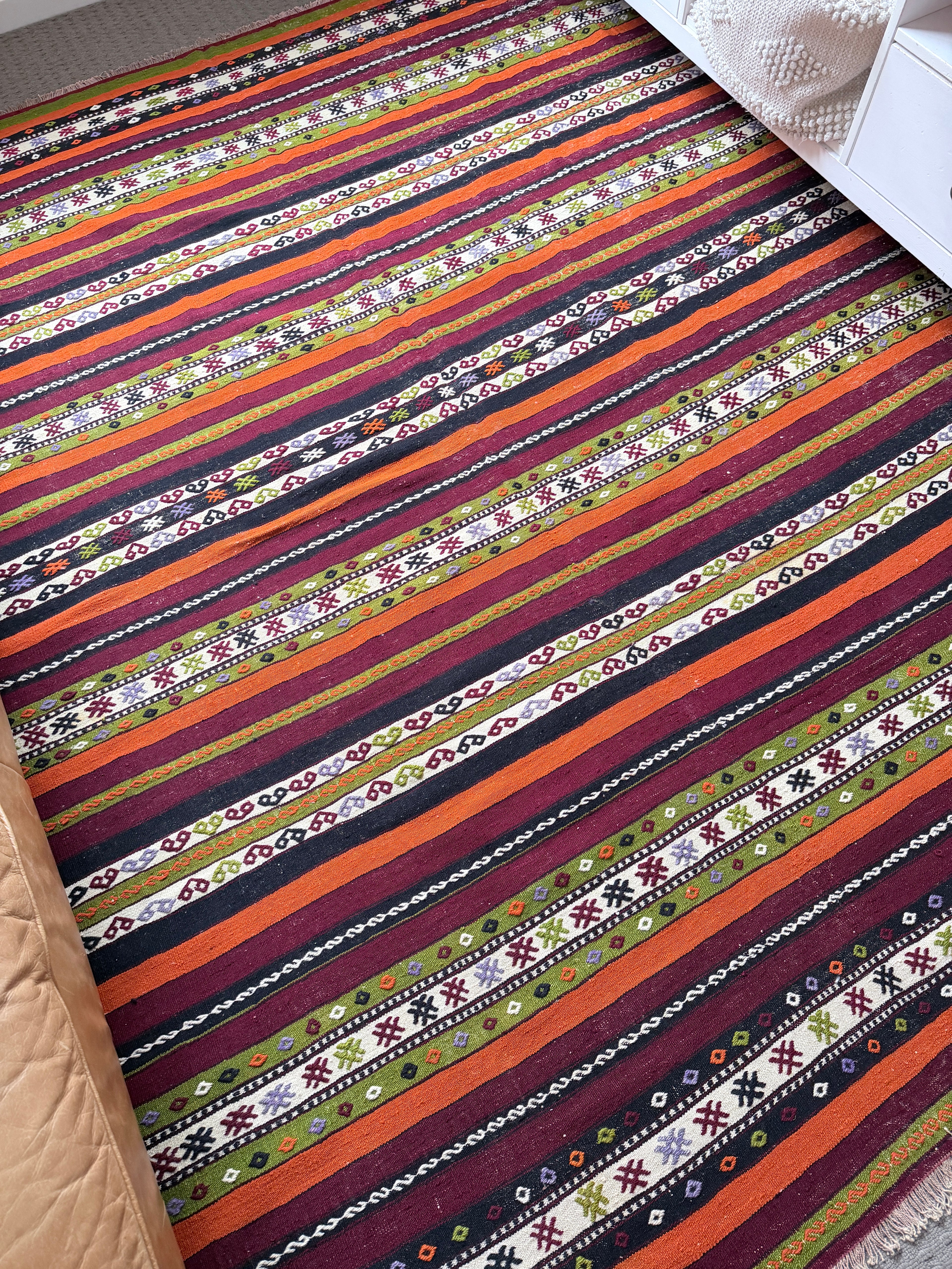 Handmade Turkish Cicim Kilim Rug – Bohemian Tribal Wool Flatweave – Vintage Anatolian Area Rug – 174x238 cm